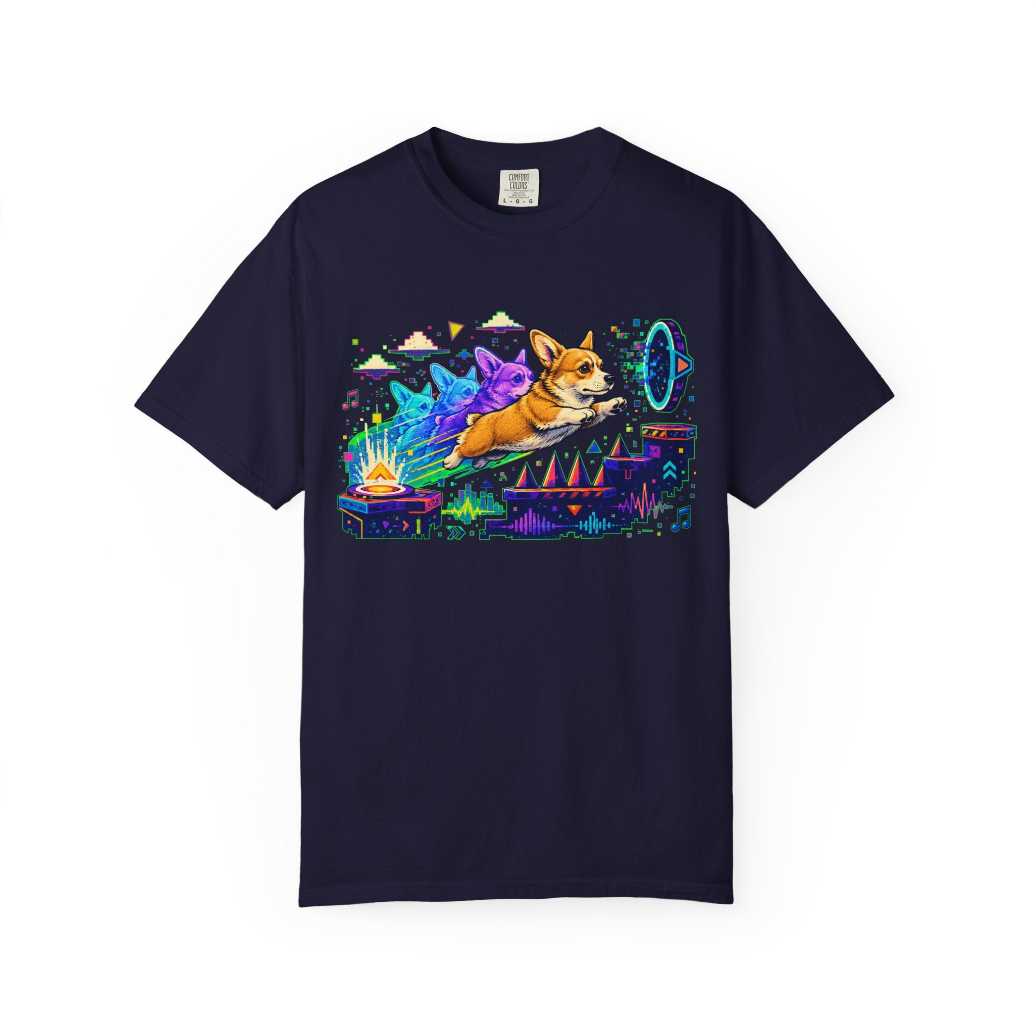 Corgi Galaxy Surf T-Shirt — Colorful Space Adventure Tee