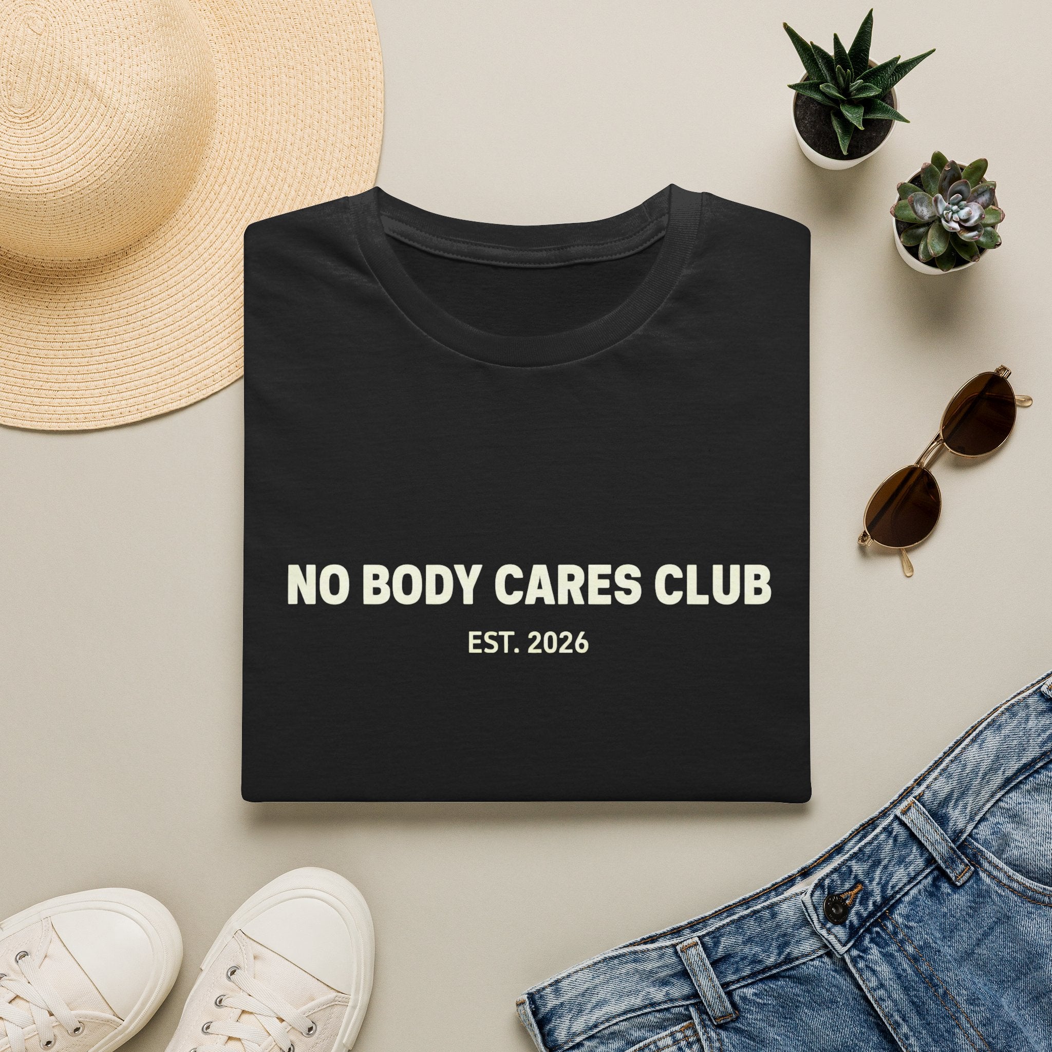 No Body Cares Club T-Shirt | Bold Text Tee, Established 2026