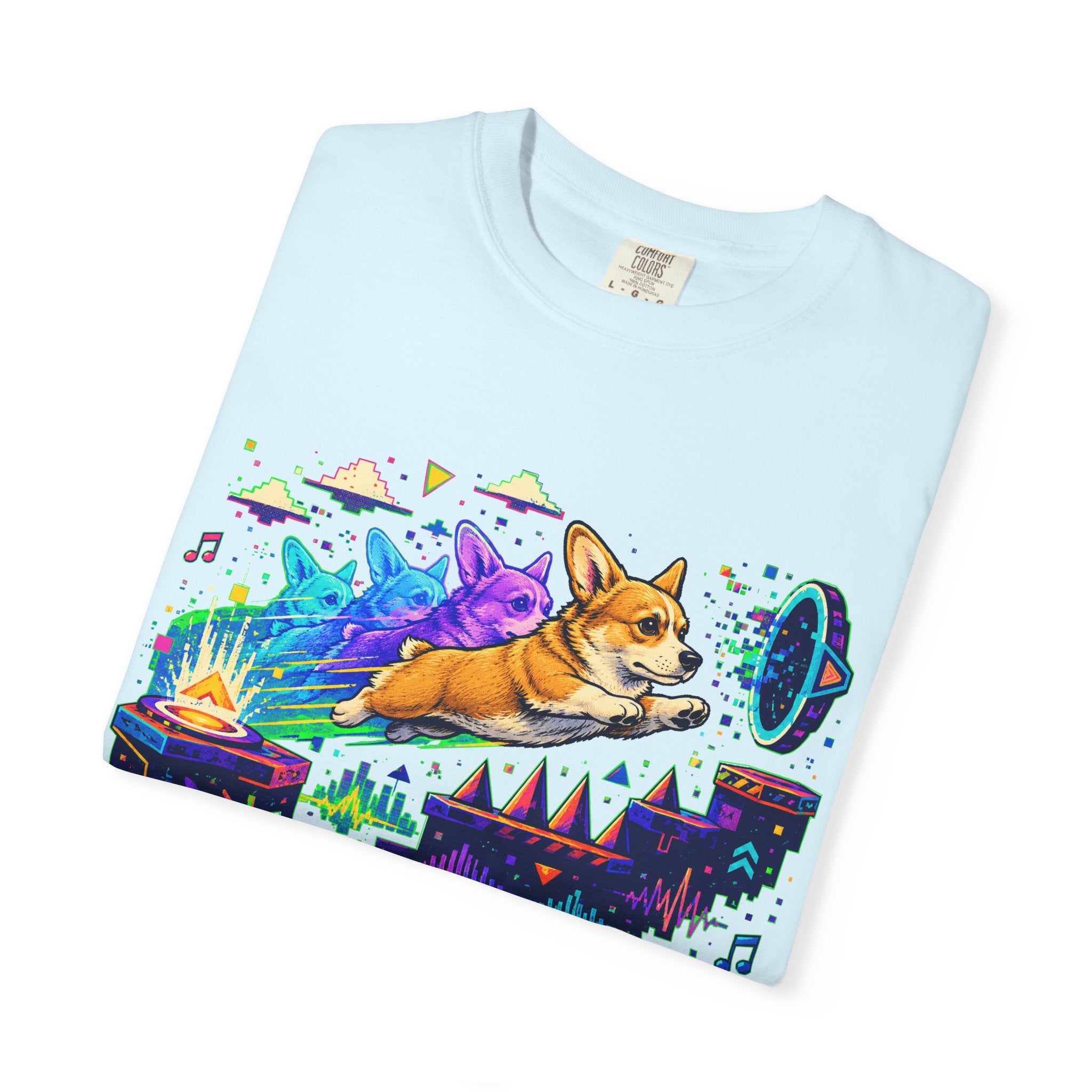 Corgi Galaxy Surf T-Shirt — Colorful Space Adventure Tee