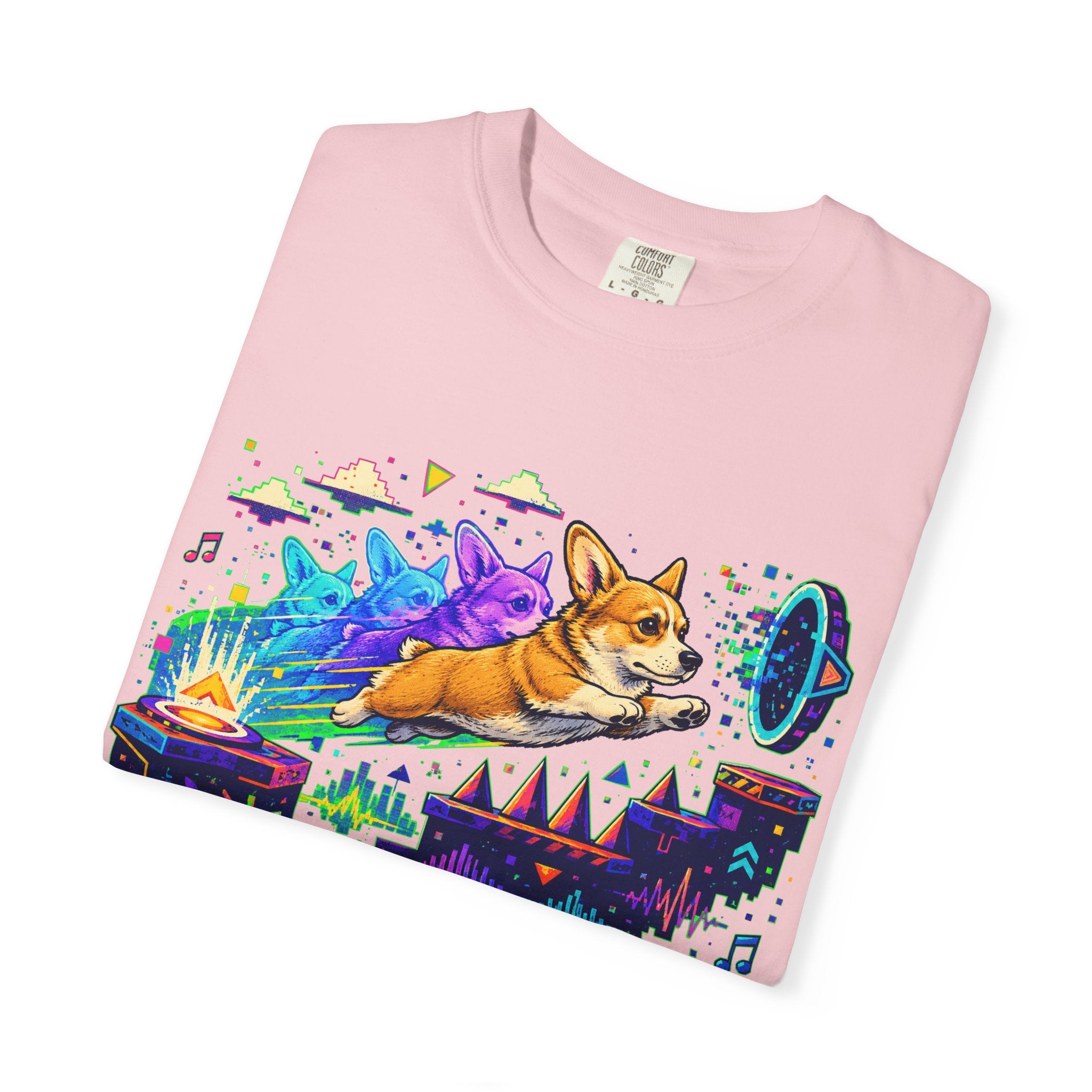 Corgi Galaxy Surf T-Shirt — Colorful Space Adventure Tee