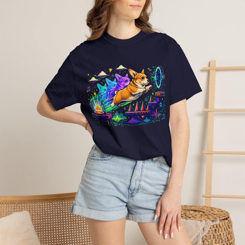 Corgi Galaxy Surf T-Shirt — Colorful Space Adventure Tee