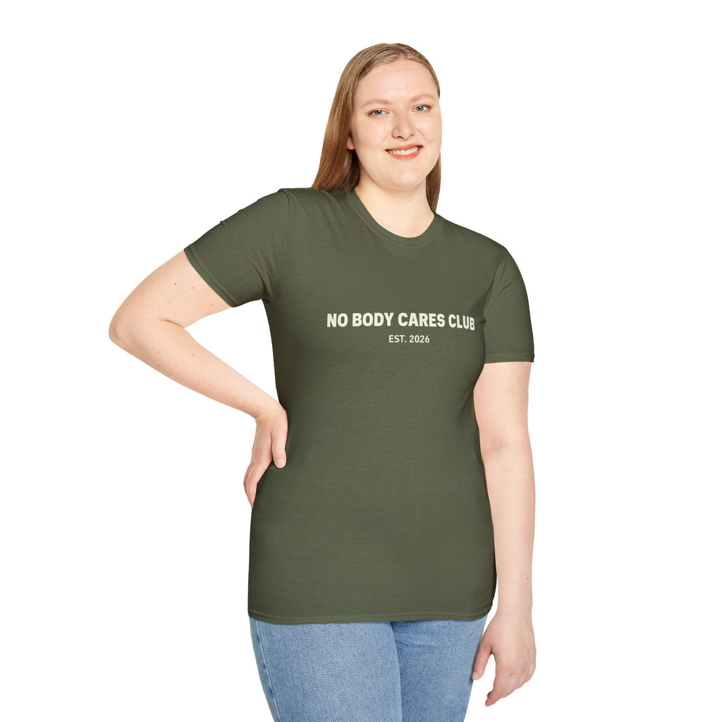 No Body Cares Club T-Shirt | Bold Text Tee, Established 2026