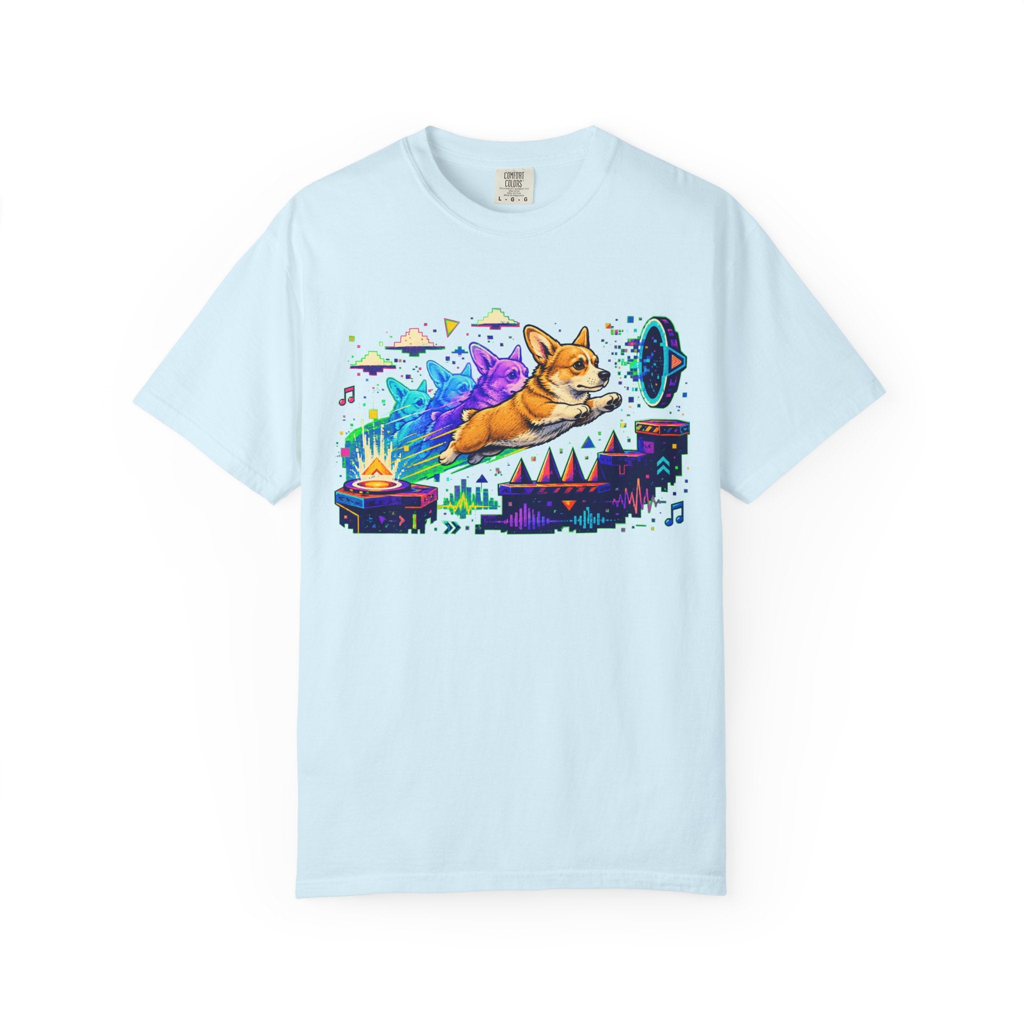 Corgi Galaxy Surf T-Shirt — Colorful Space Adventure Tee