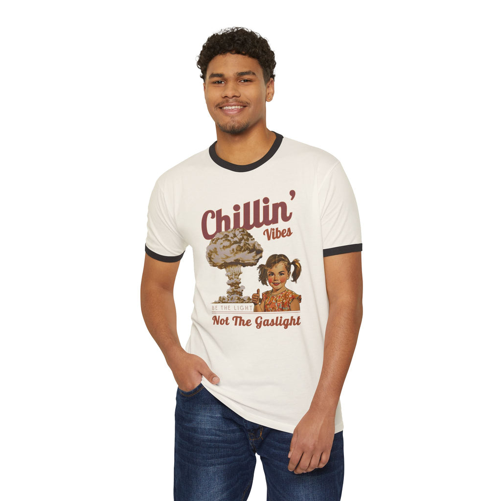 Chillin' Vibes Be The Light Not The Gaslight T-Shirt | Retro Mushroom Cloud Ringer