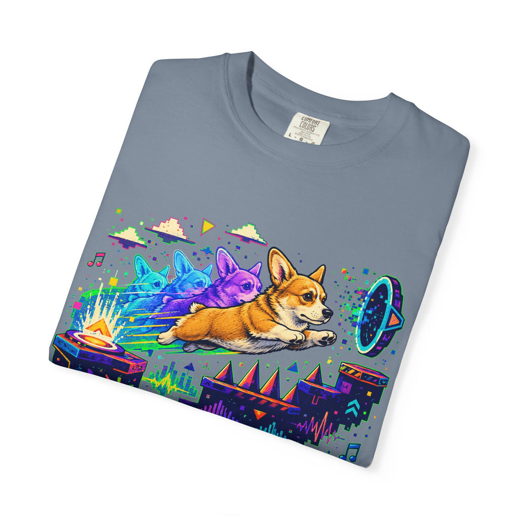 Corgi Galaxy Surf T-Shirt — Colorful Space Adventure Tee