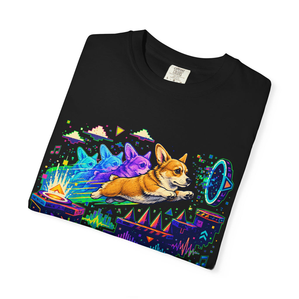 Corgi Galaxy Surf T-Shirt — Colorful Space Adventure Tee