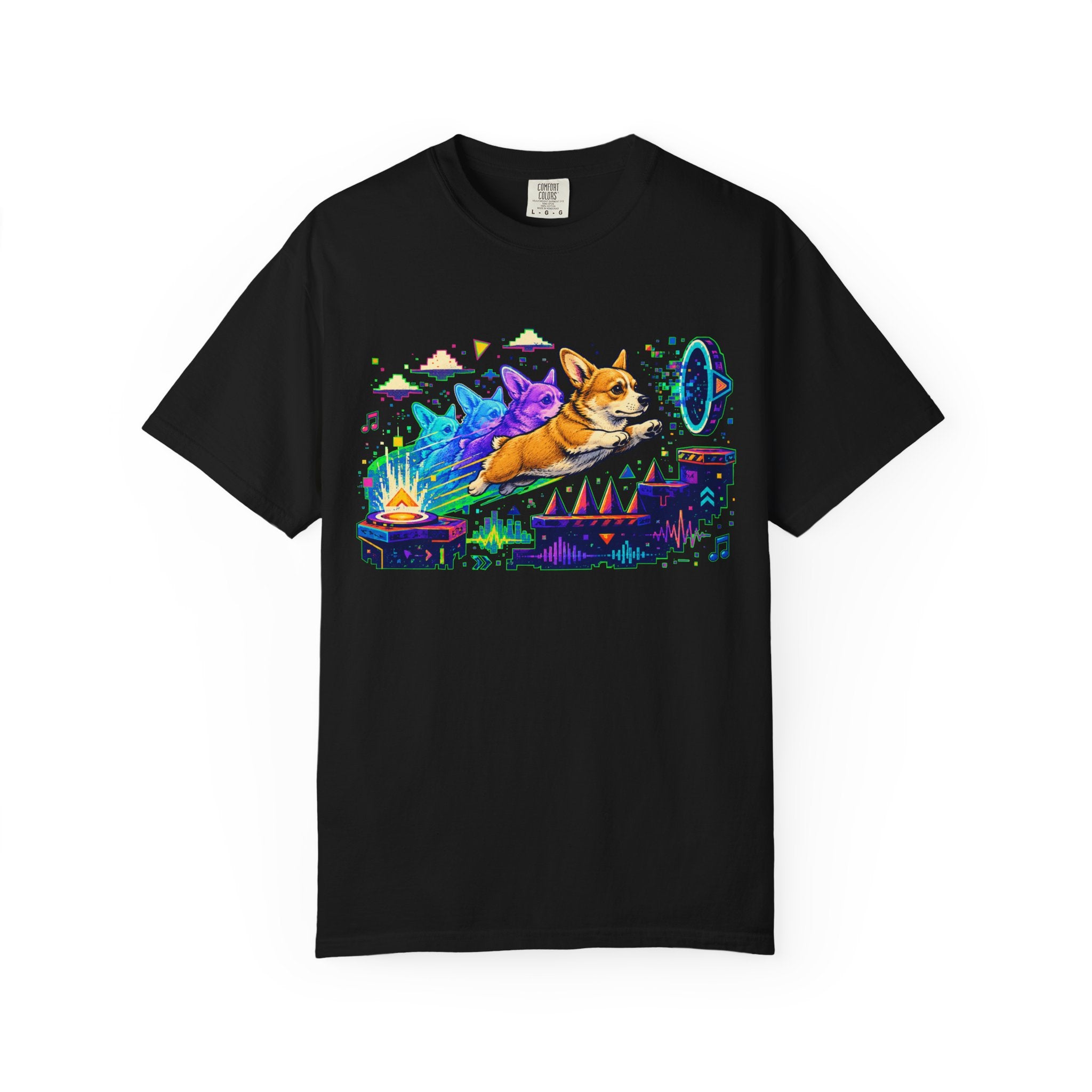 Corgi Galaxy Surf T-Shirt — Colorful Space Adventure Tee