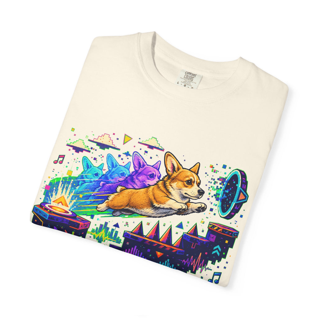 Corgi Galaxy Surf T-Shirt — Colorful Space Adventure Tee