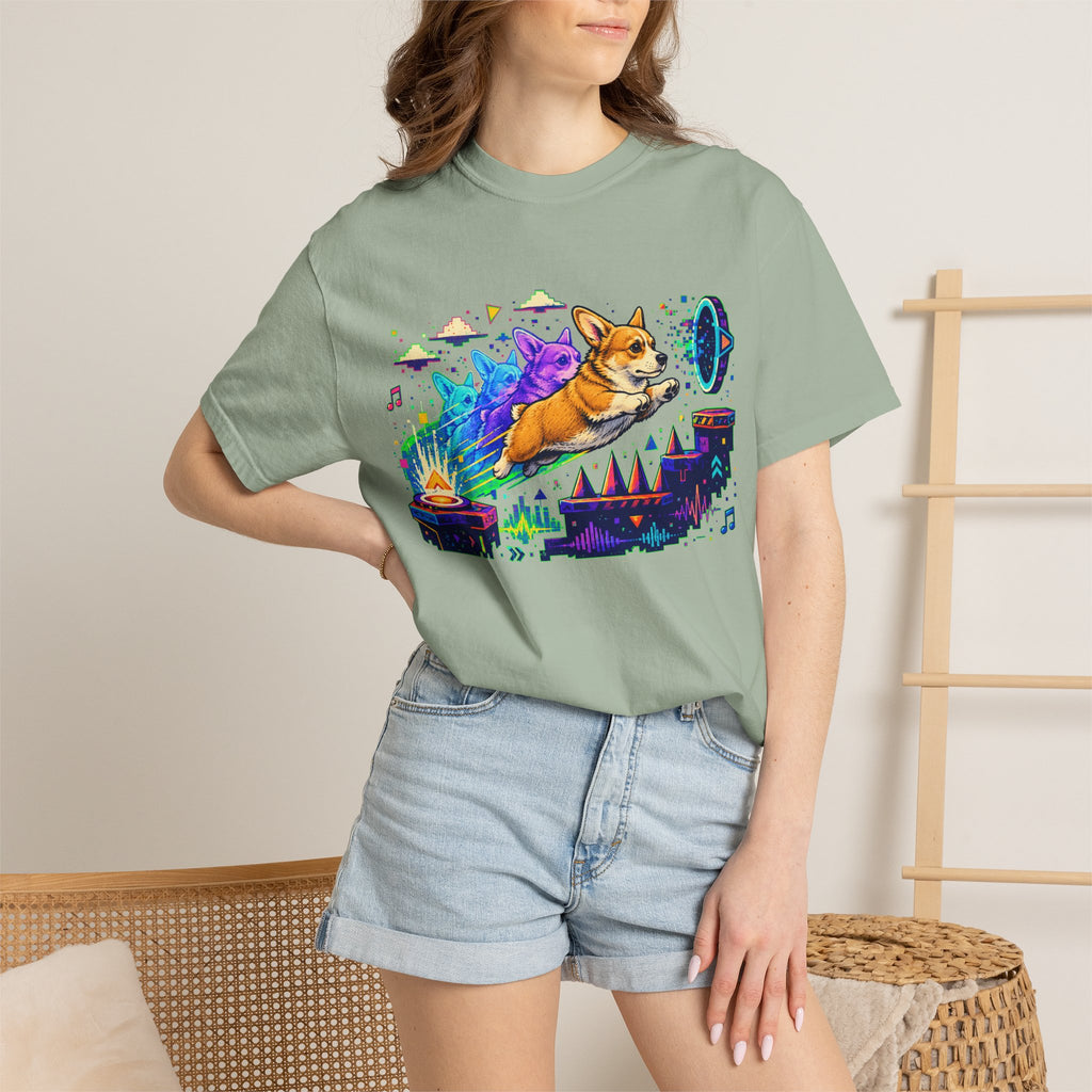 Corgi Galaxy Surf T-Shirt — Colorful Space Adventure Tee