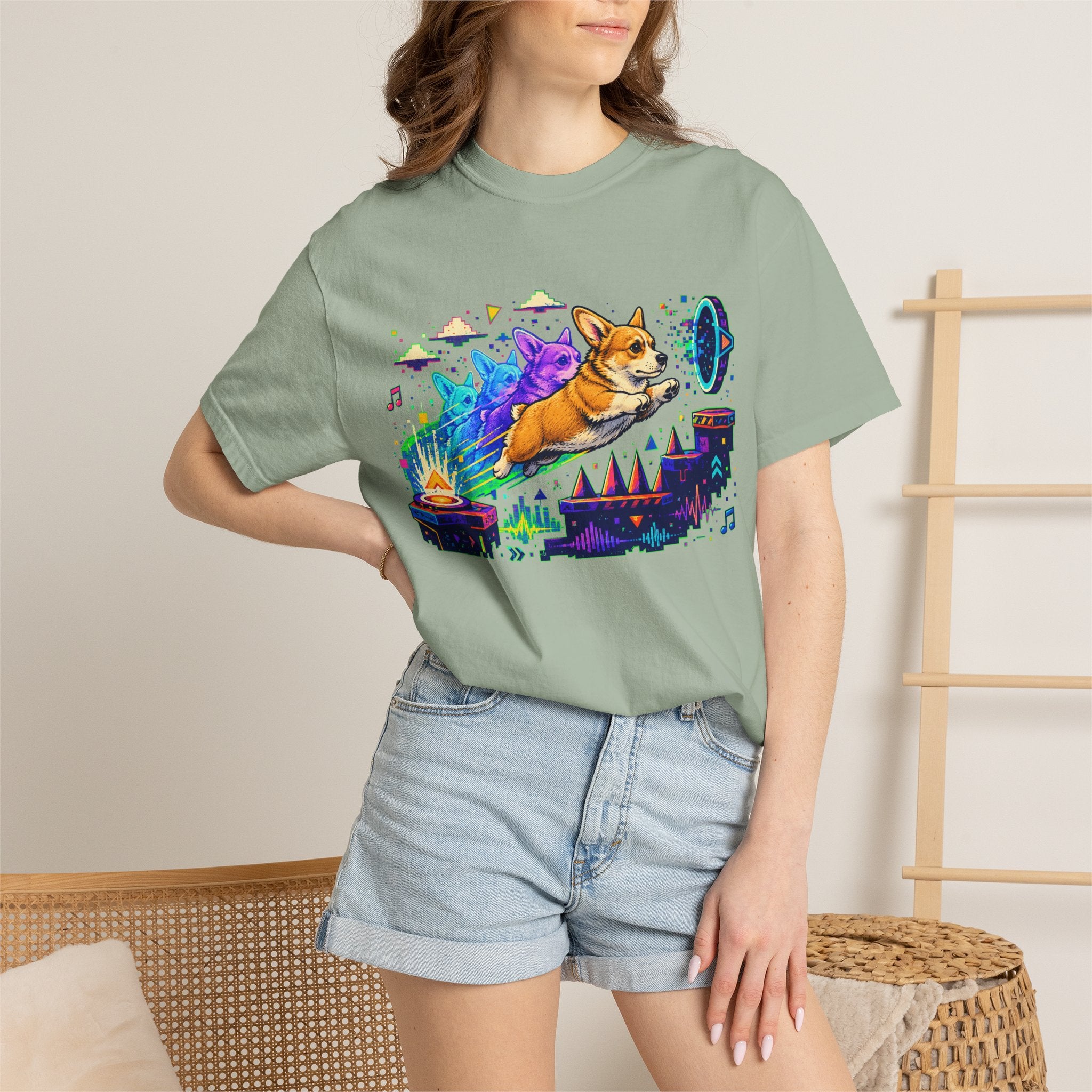 Corgi Galaxy Surf T-Shirt — Colorful Space Adventure Tee