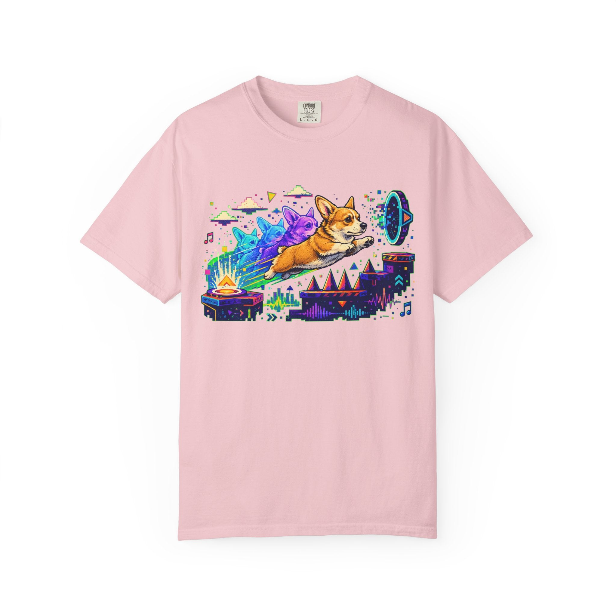 Corgi Galaxy Surf T-Shirt — Colorful Space Adventure Tee