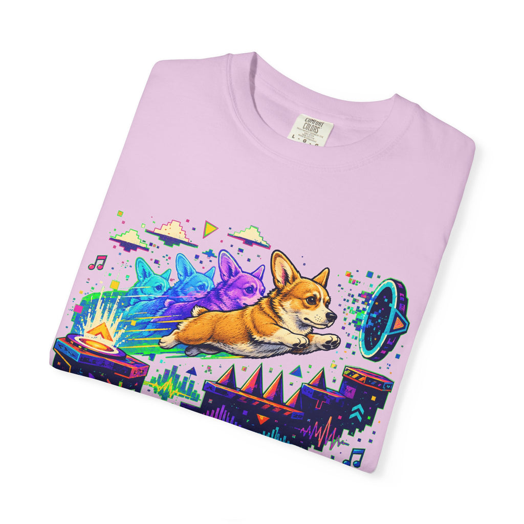 Corgi Galaxy Surf T-Shirt — Colorful Space Adventure Tee