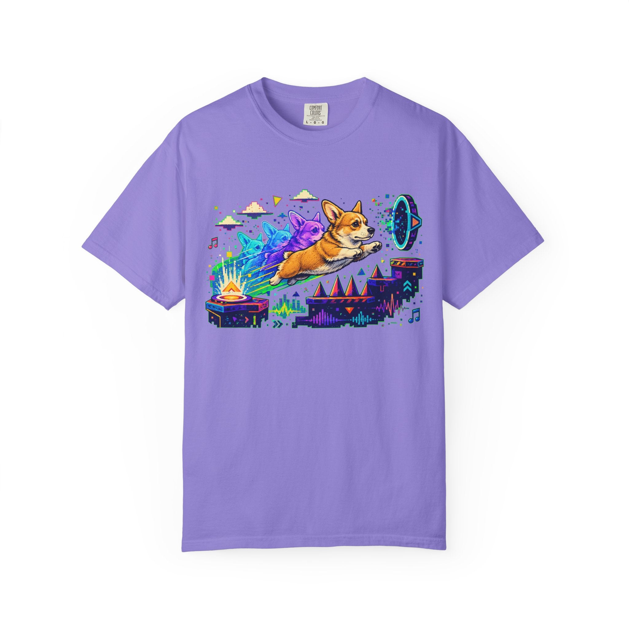 Corgi Galaxy Surf T-Shirt — Colorful Space Adventure Tee