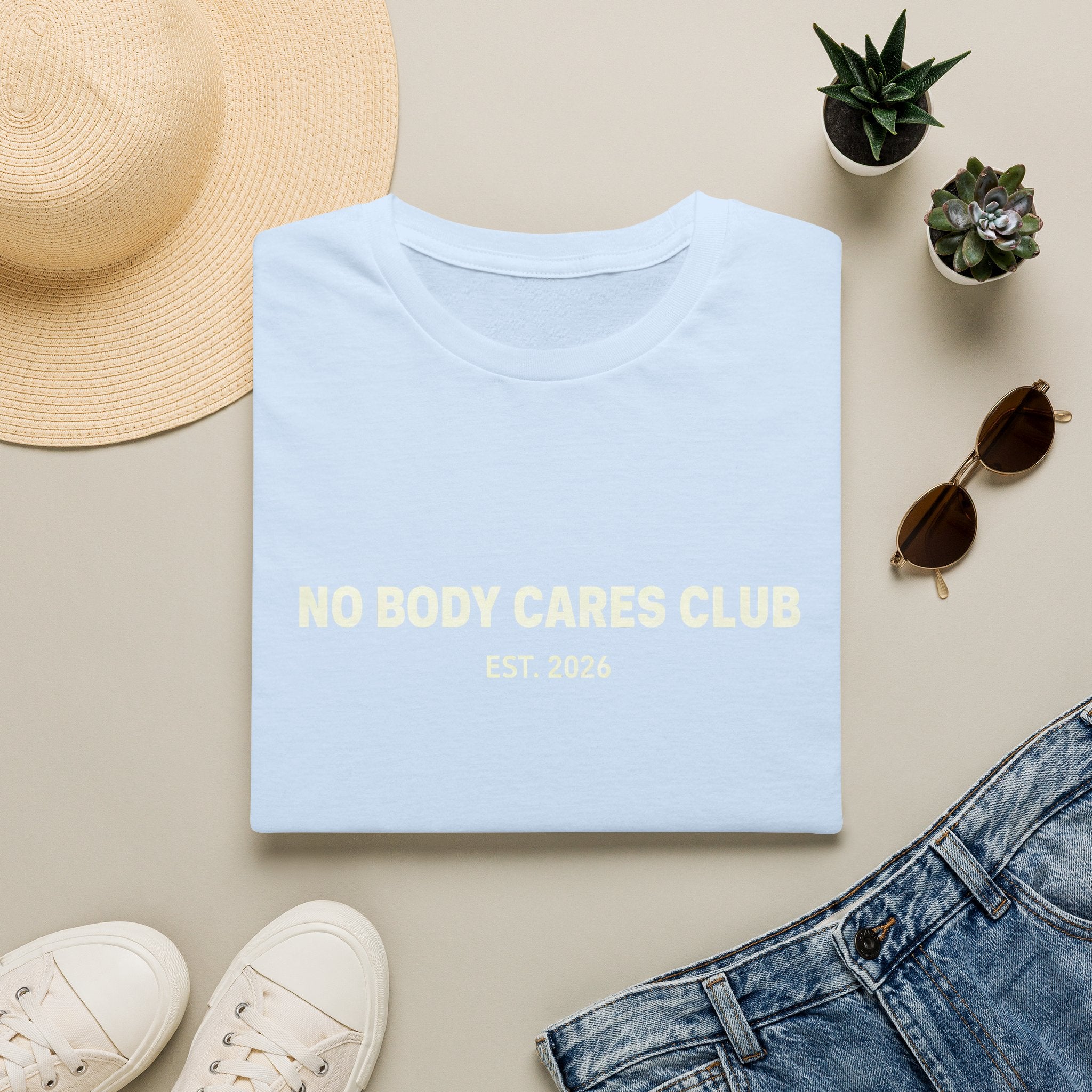 No Body Cares Club T-Shirt | Bold Text Tee, Established 2026