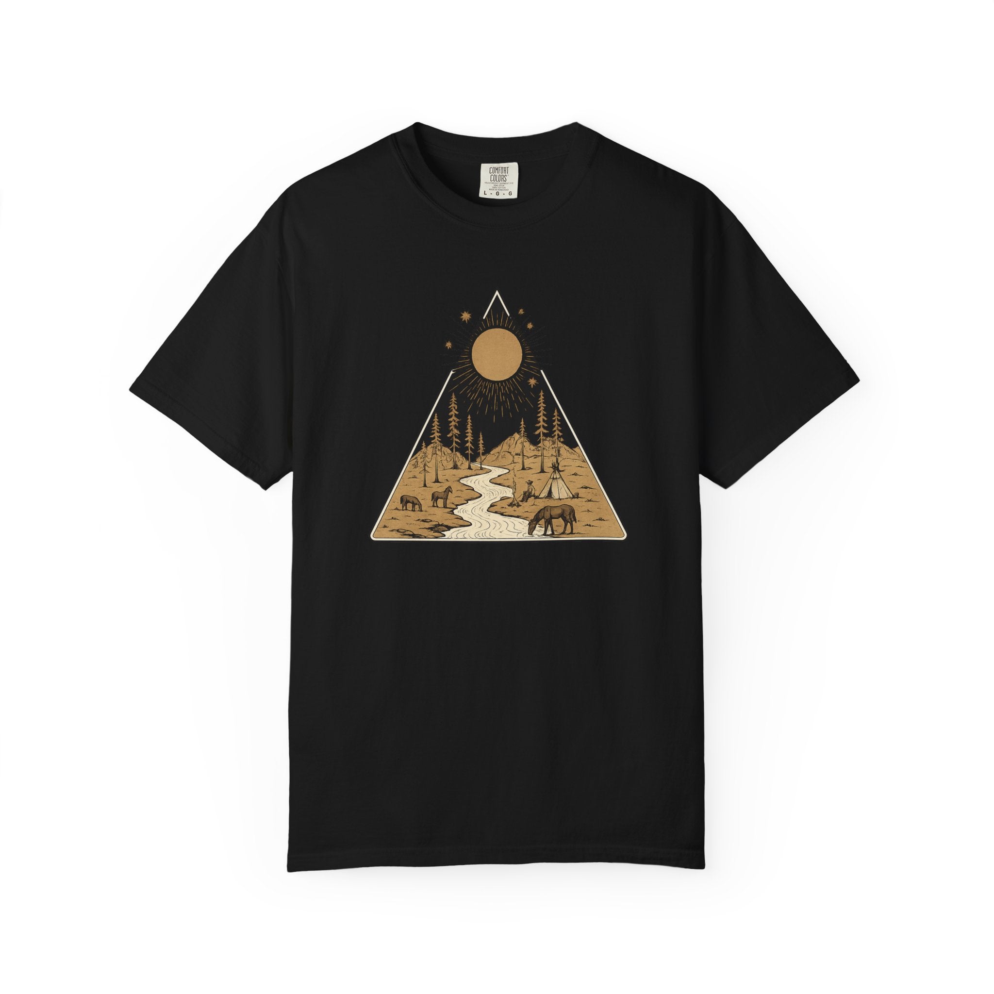 Western Desert Cowboy Camping T-shirt | Triangle Scenic Campfire Design