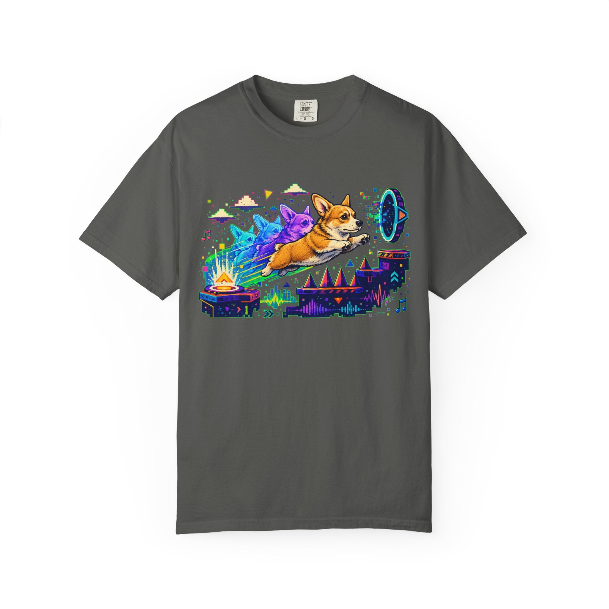Corgi Galaxy Surf T-Shirt — Colorful Space Adventure Tee