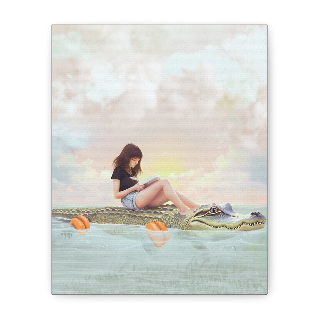 Girl Reading on Alligator Back Canvas | Matte Stretched Wall Art