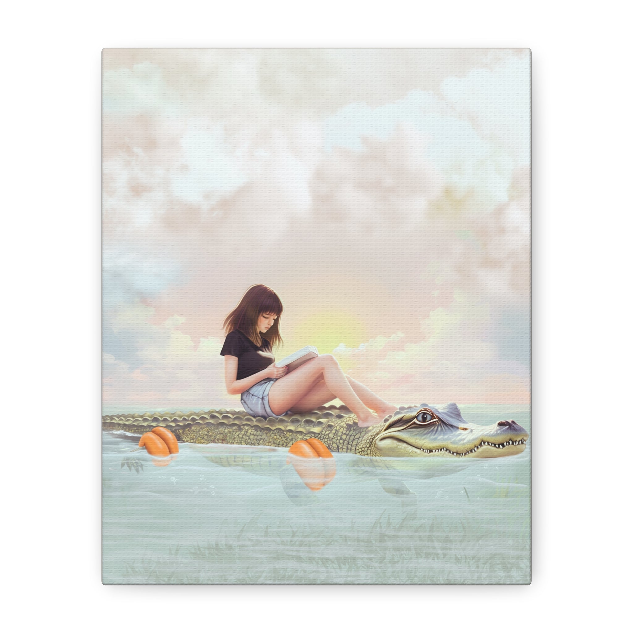 Girl Reading on Alligator Back Canvas | Matte Stretched Wall Art
