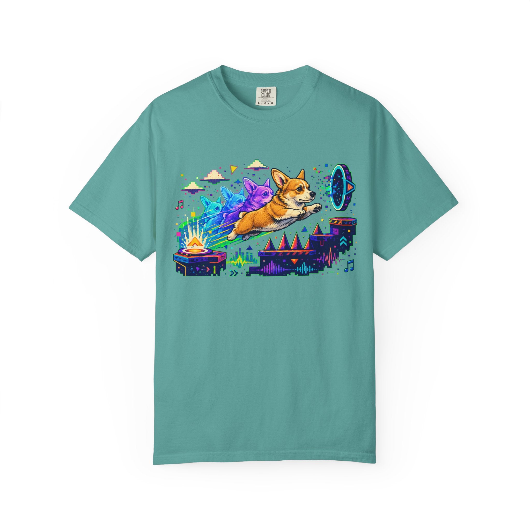 Corgi Galaxy Surf T-Shirt — Colorful Space Adventure Tee