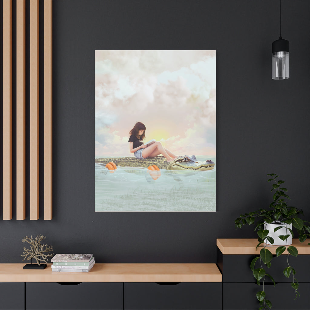 Girl Reading on Alligator Back Canvas | Matte Stretched Wall Art