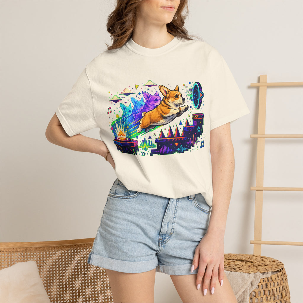 Corgi Galaxy Surf T-Shirt — Colorful Space Adventure Tee