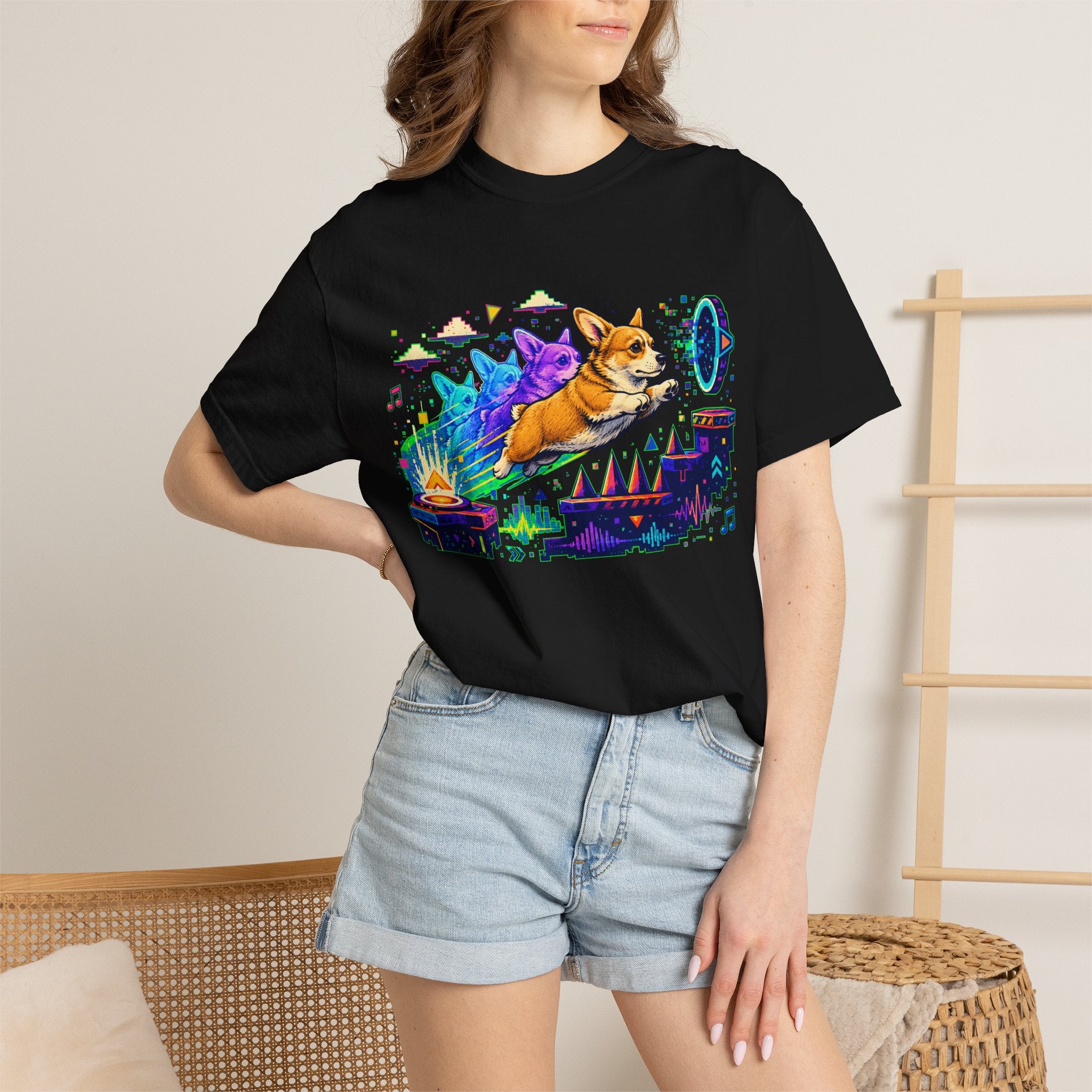 Corgi Galaxy Surf T-Shirt — Colorful Space Adventure Tee