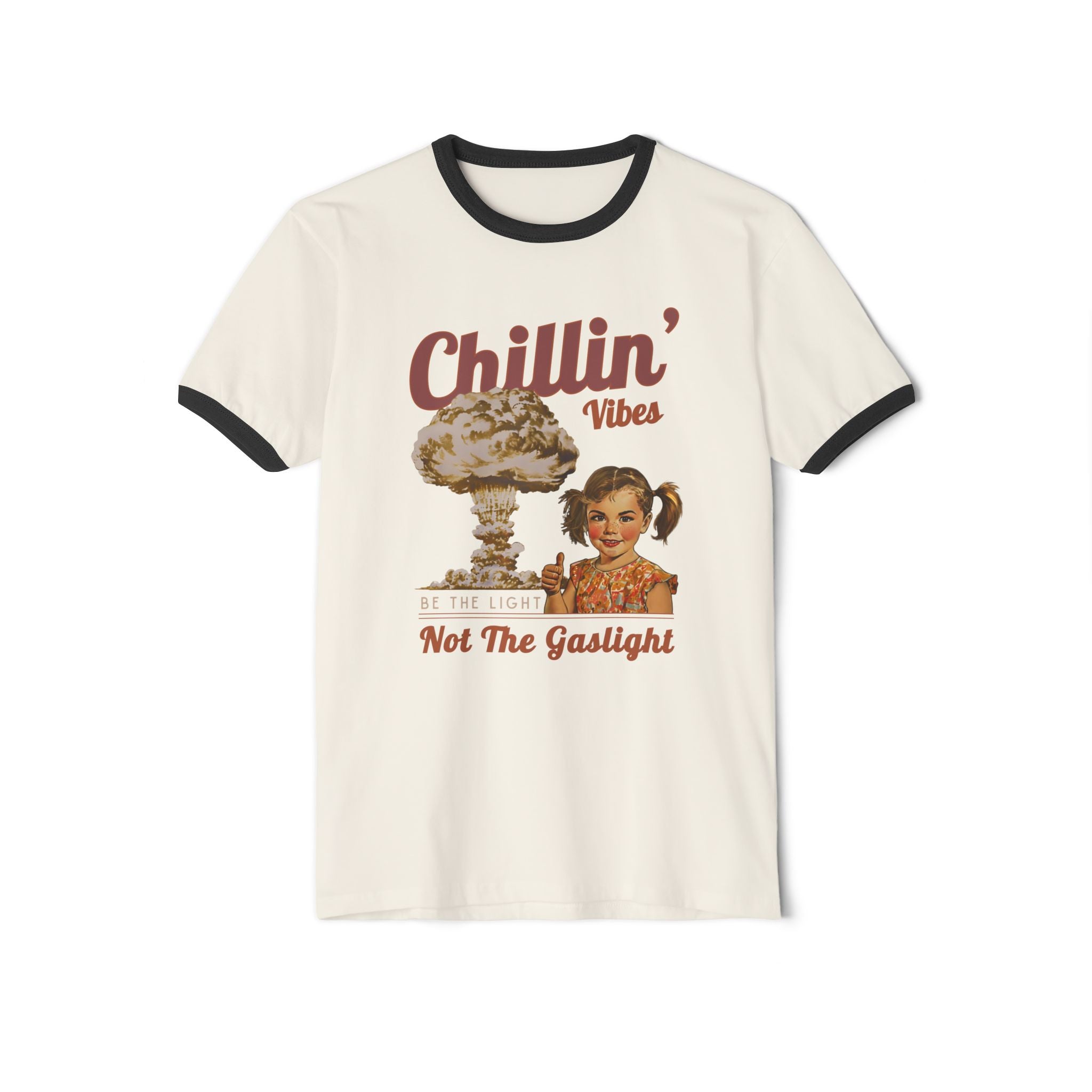Chillin' Vibes Be The Light Not The Gaslight T-Shirt | Retro Mushroom Cloud Ringer