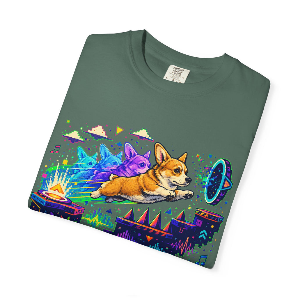 Corgi Galaxy Surf T-Shirt — Colorful Space Adventure Tee
