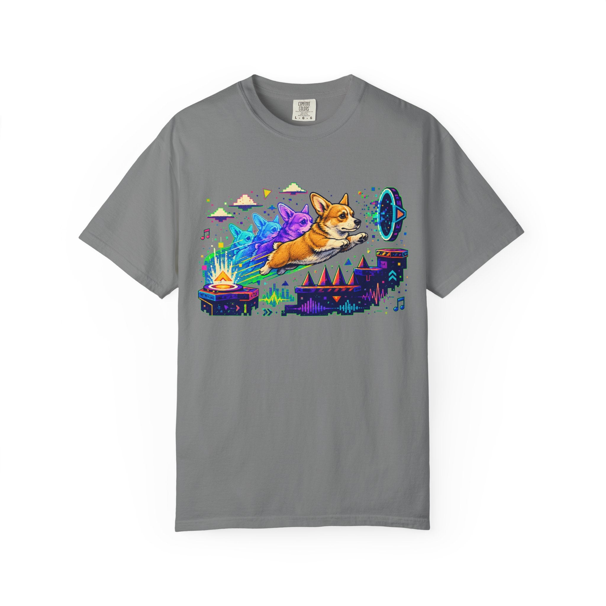 Corgi Galaxy Surf T-Shirt — Colorful Space Adventure Tee