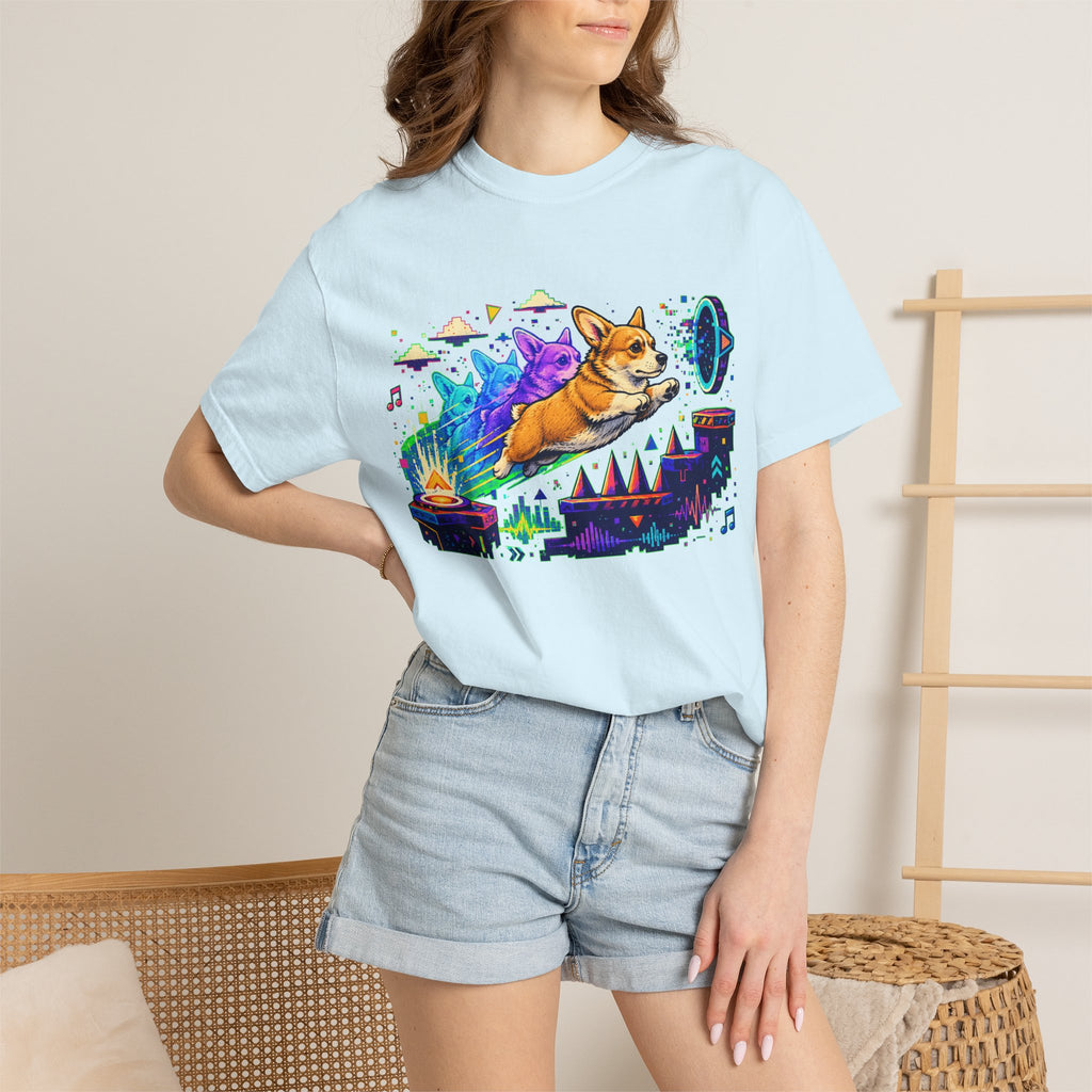 Corgi Galaxy Surf T-Shirt — Colorful Space Adventure Tee