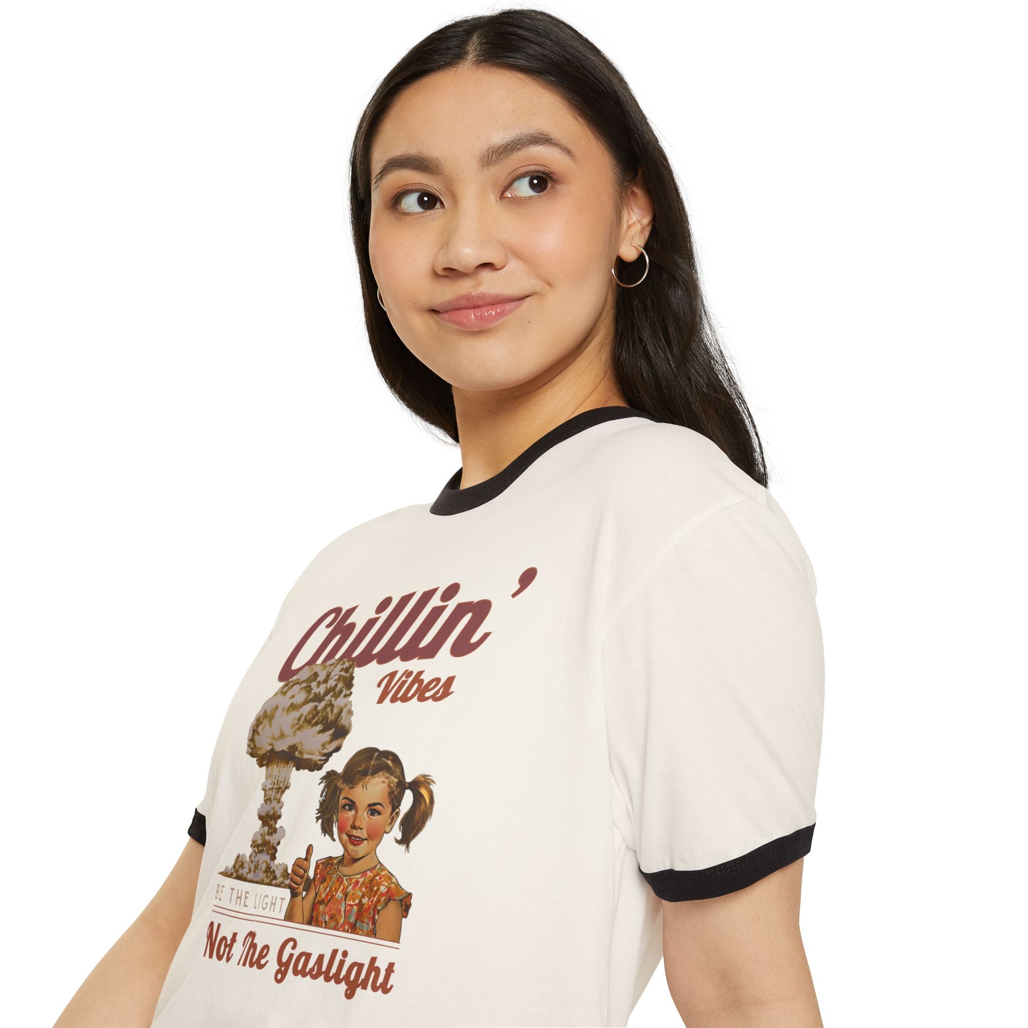 Chillin' Vibes Be The Light Not The Gaslight T-Shirt | Retro Mushroom Cloud Ringer