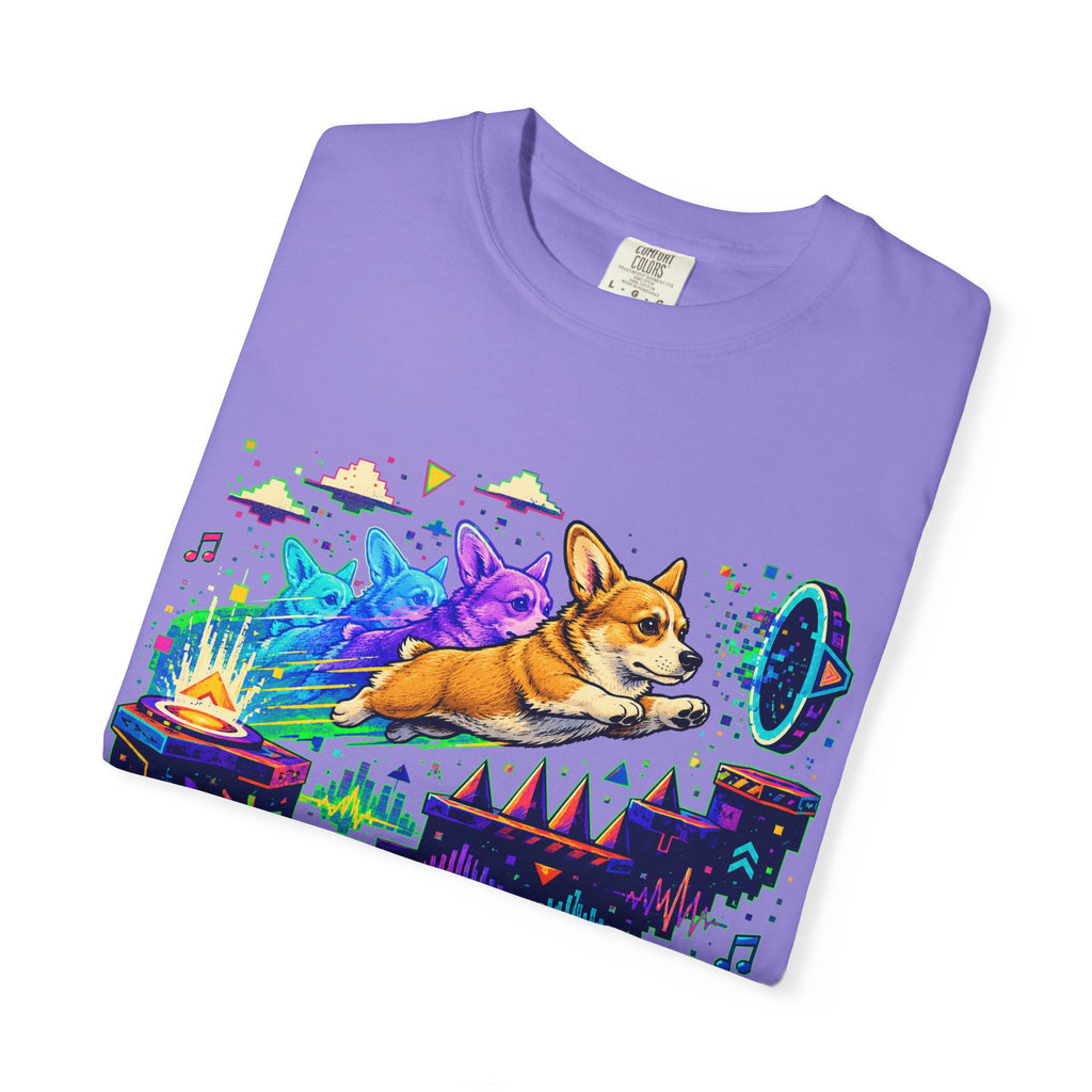 Corgi Galaxy Surf T-Shirt — Colorful Space Adventure Tee