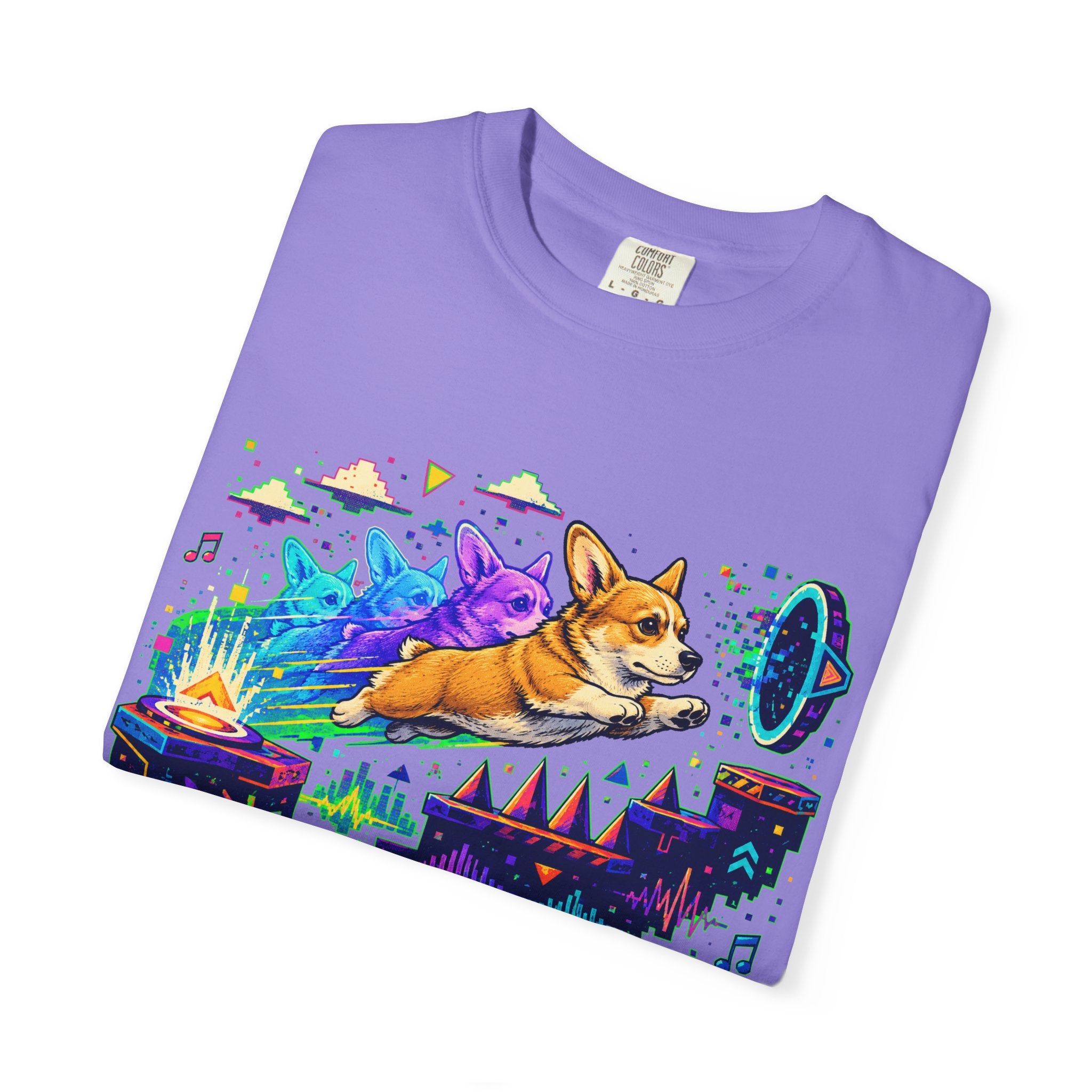Corgi Galaxy Surf T-Shirt — Colorful Space Adventure Tee