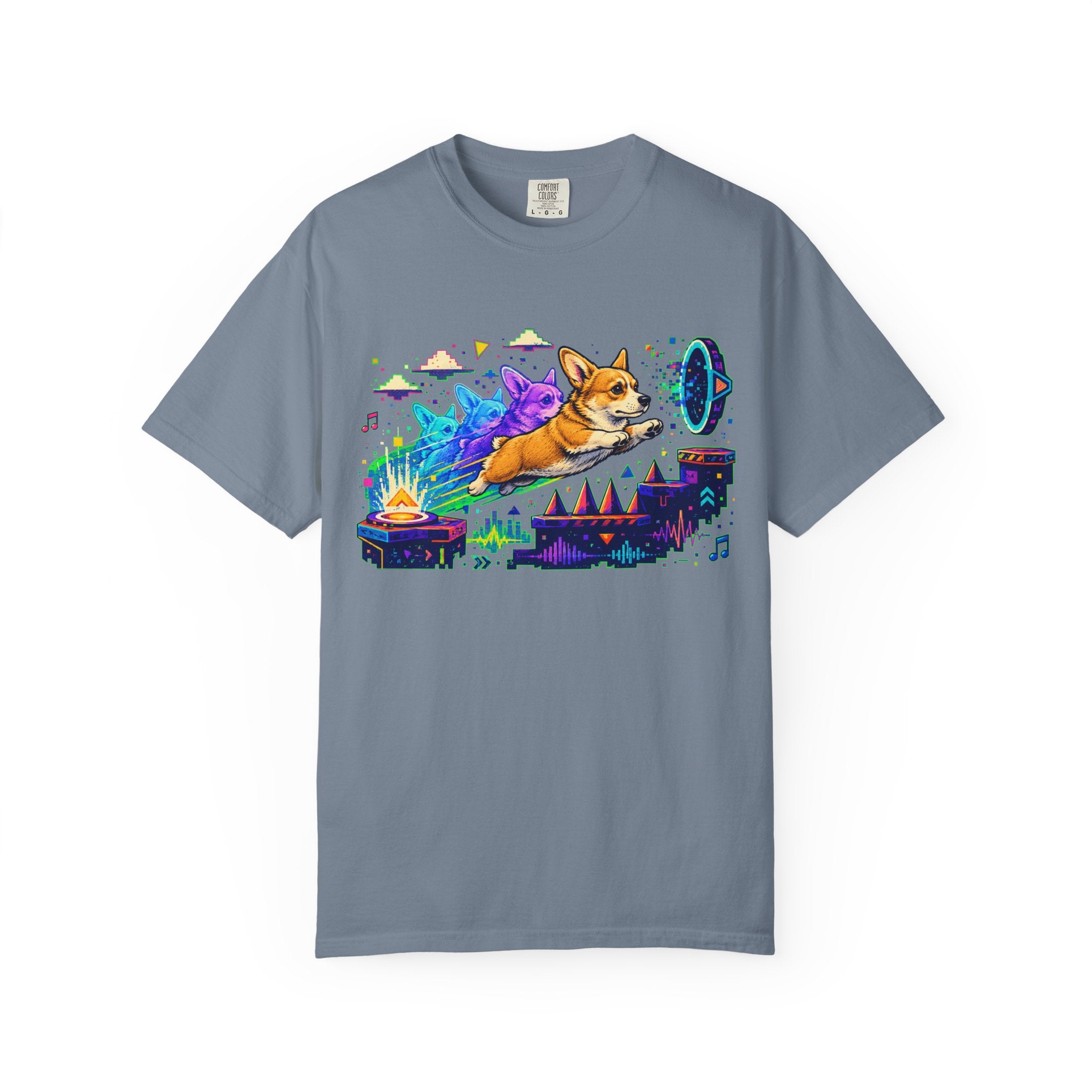 Corgi Galaxy Surf T-Shirt — Colorful Space Adventure Tee