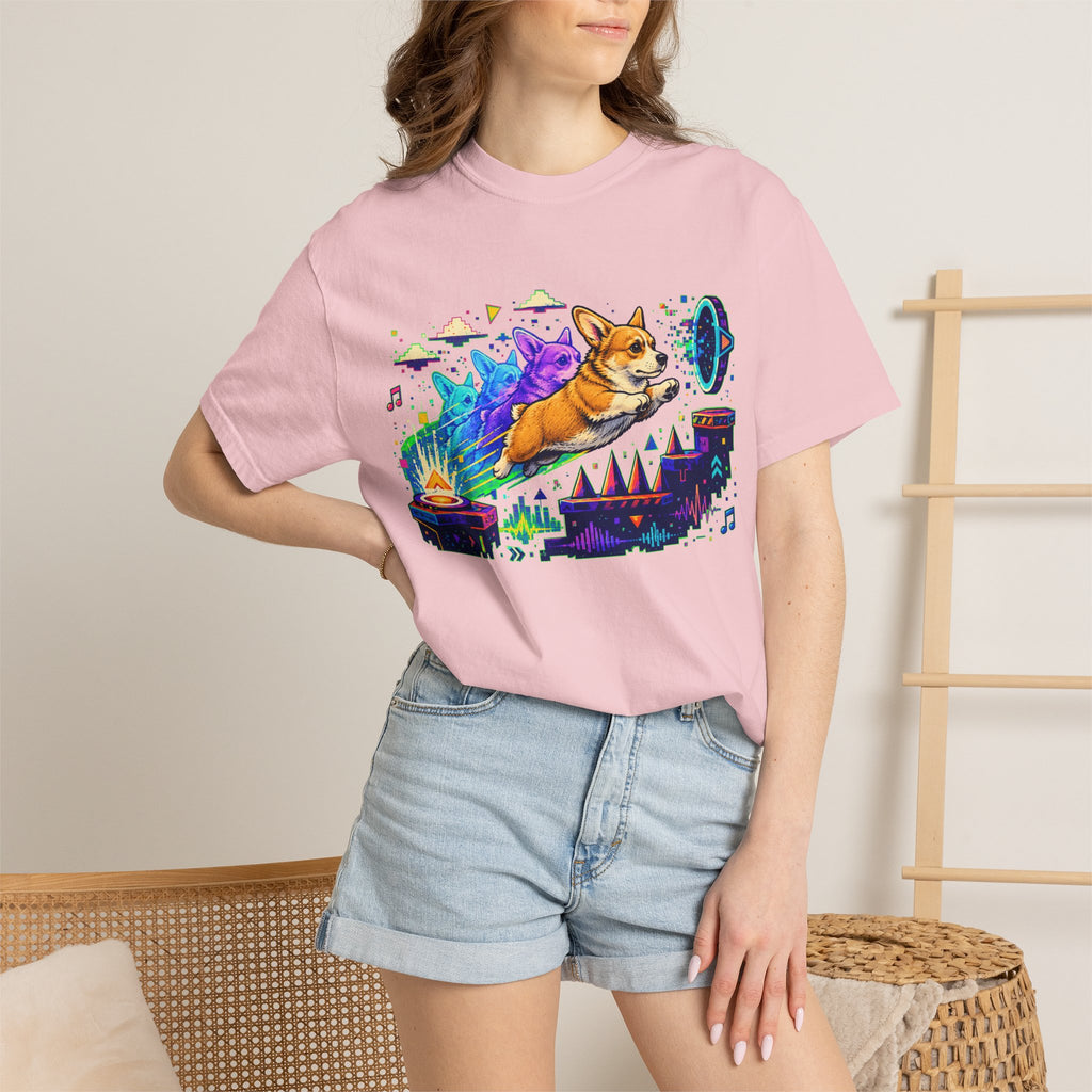 Corgi Galaxy Surf T-Shirt — Colorful Space Adventure Tee