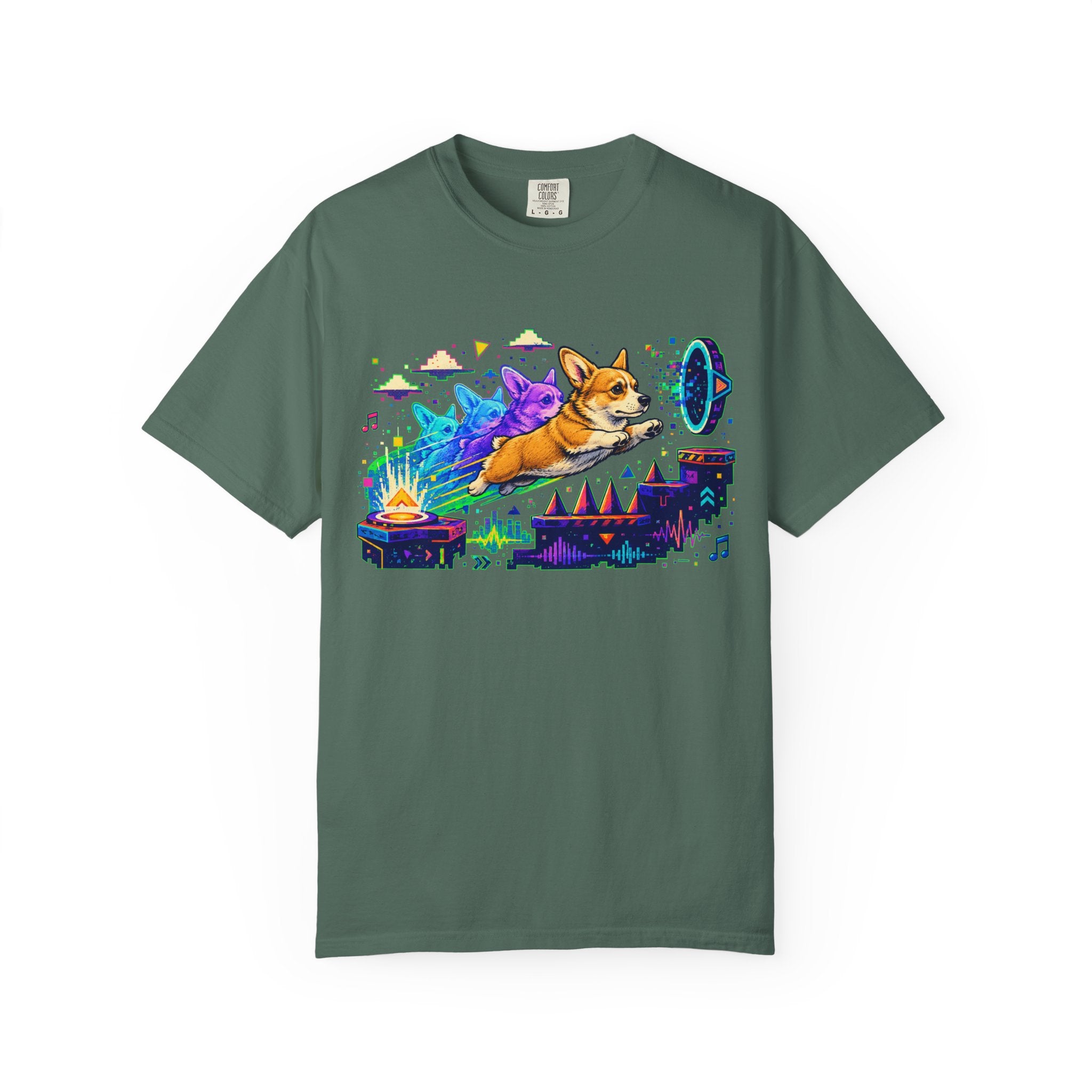 Corgi Galaxy Surf T-Shirt — Colorful Space Adventure Tee