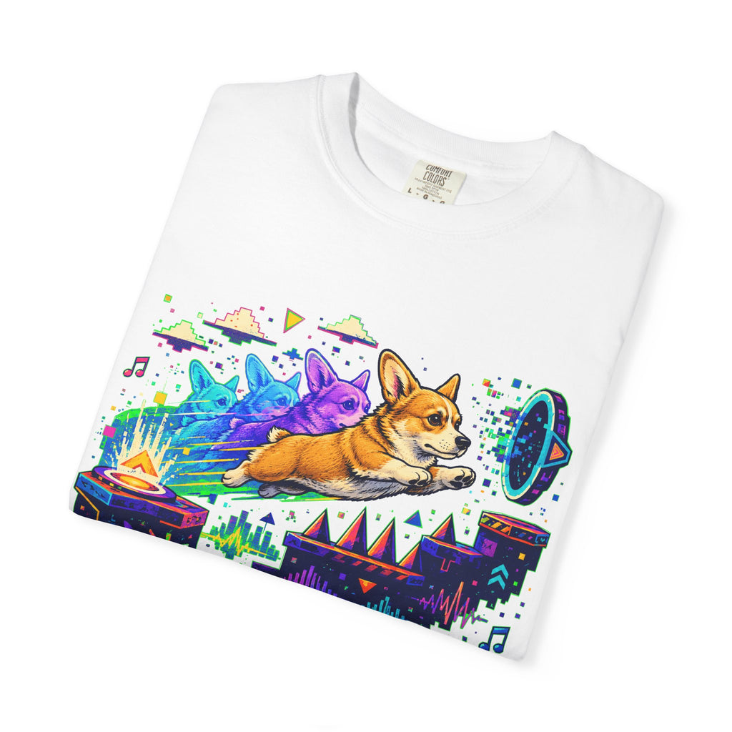 Corgi Galaxy Surf T-Shirt — Colorful Space Adventure Tee