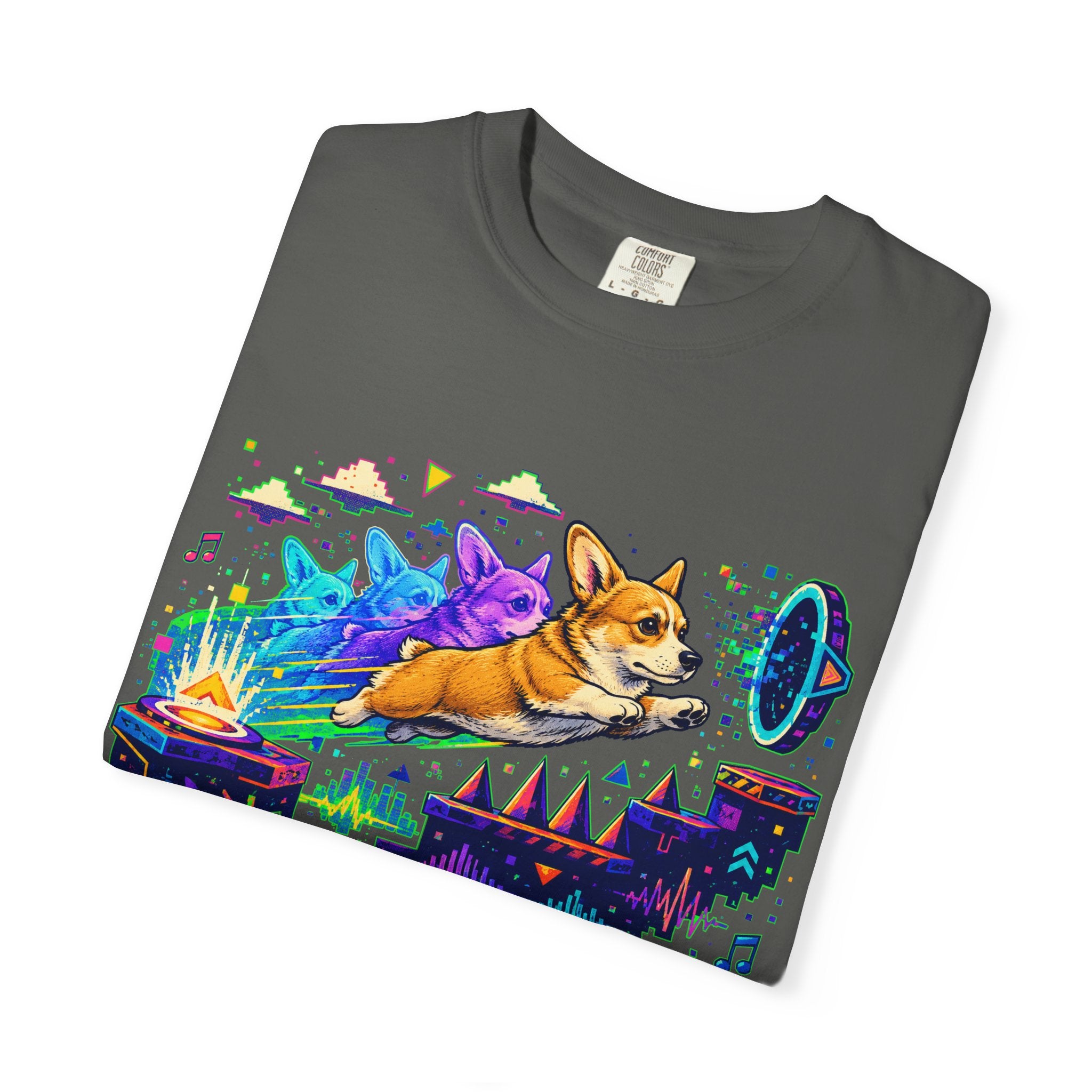 Corgi Galaxy Surf T-Shirt — Colorful Space Adventure Tee