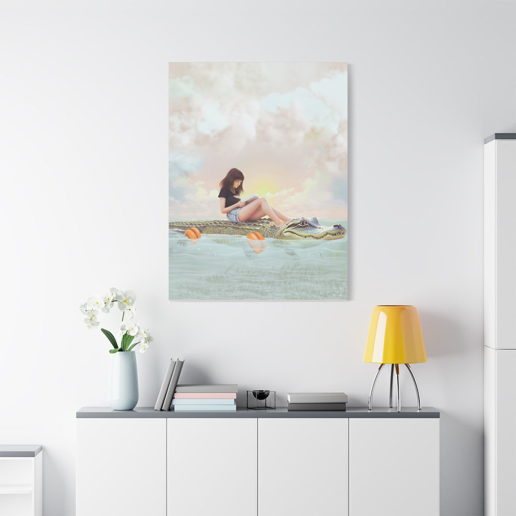 Girl Reading on Alligator Back Canvas | Matte Stretched Wall Art