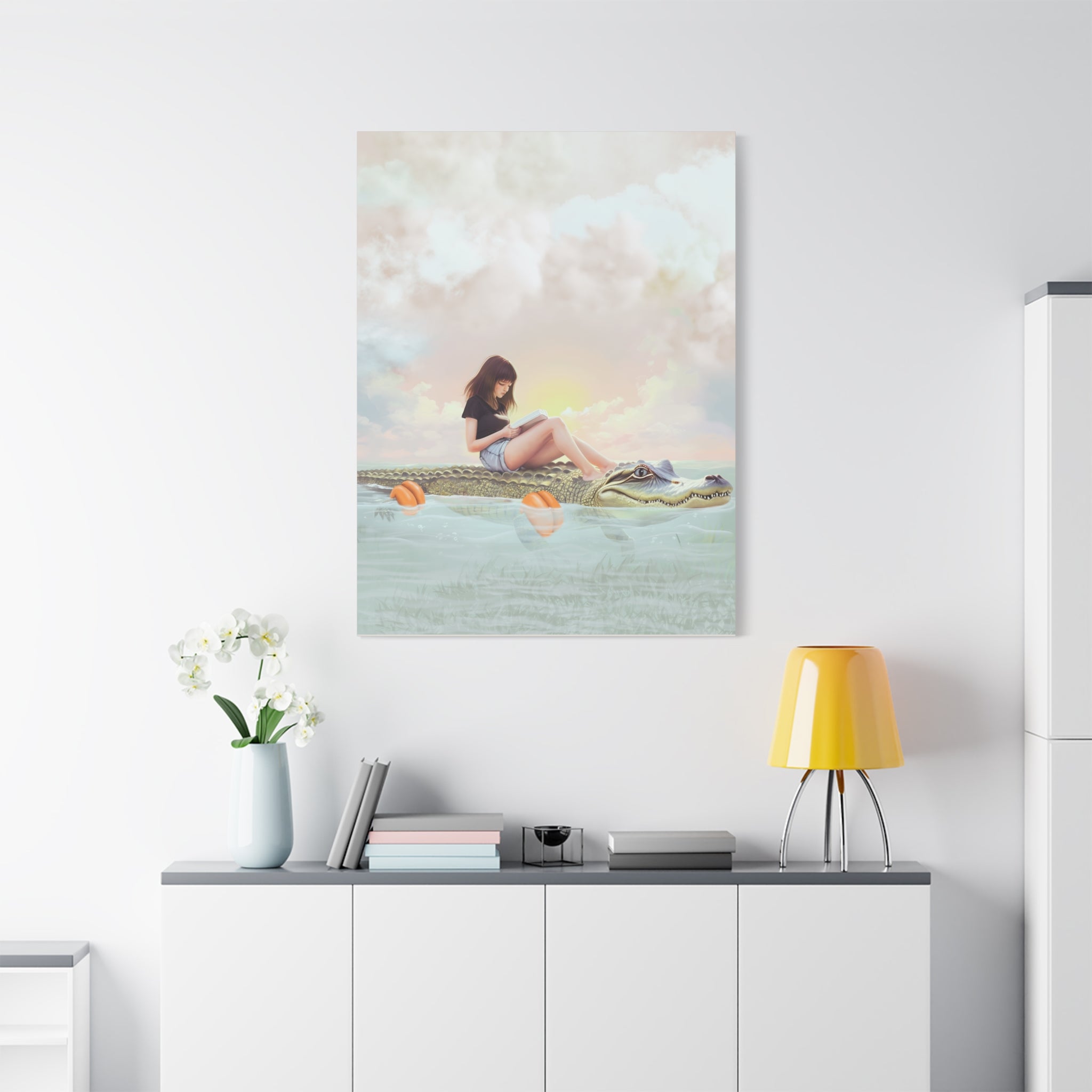 Girl Reading on Alligator Back Canvas | Matte Stretched Wall Art