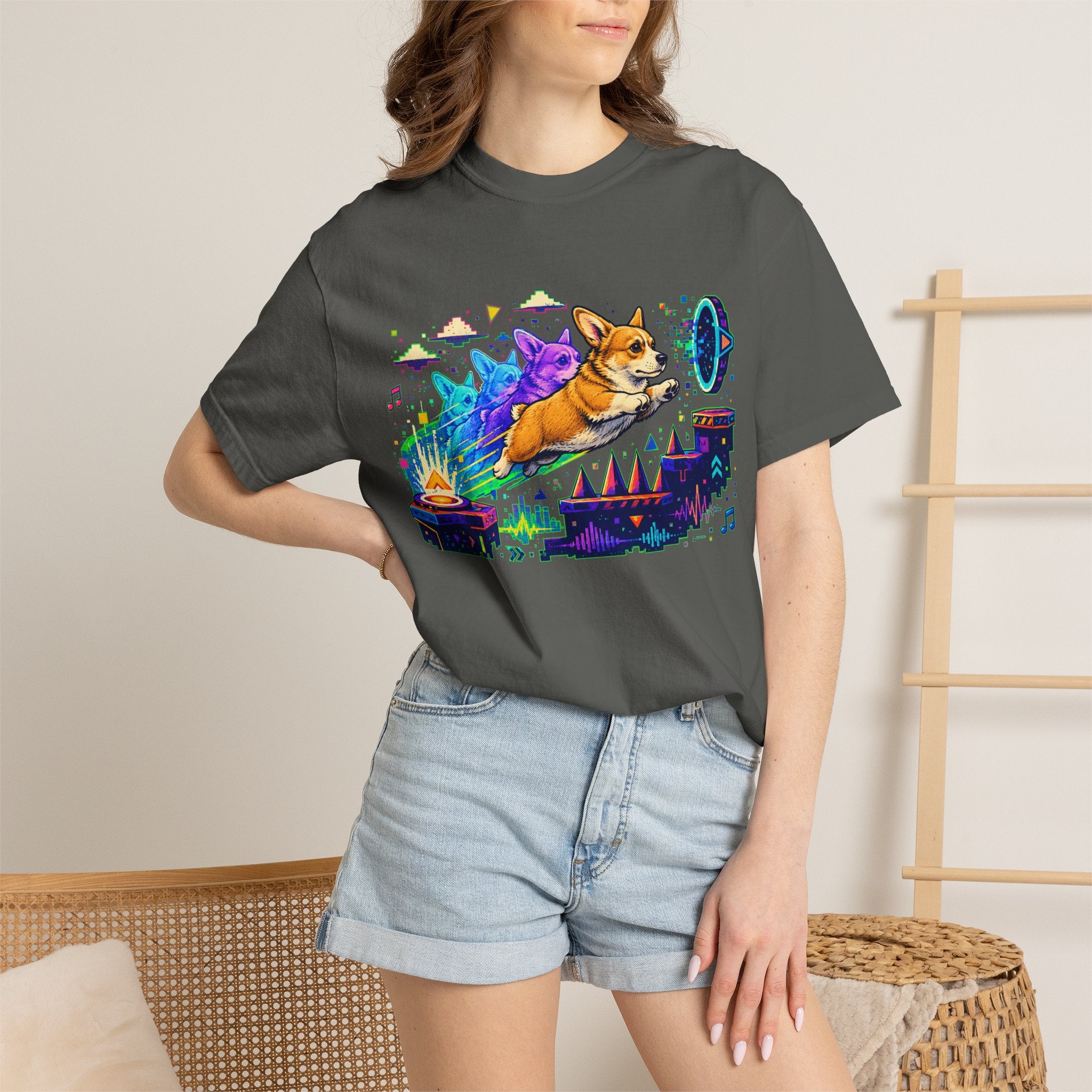 Corgi Galaxy Surf T-Shirt — Colorful Space Adventure Tee