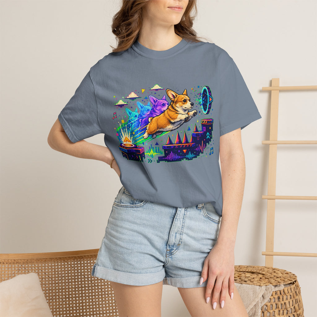 Corgi Galaxy Surf T-Shirt — Colorful Space Adventure Tee