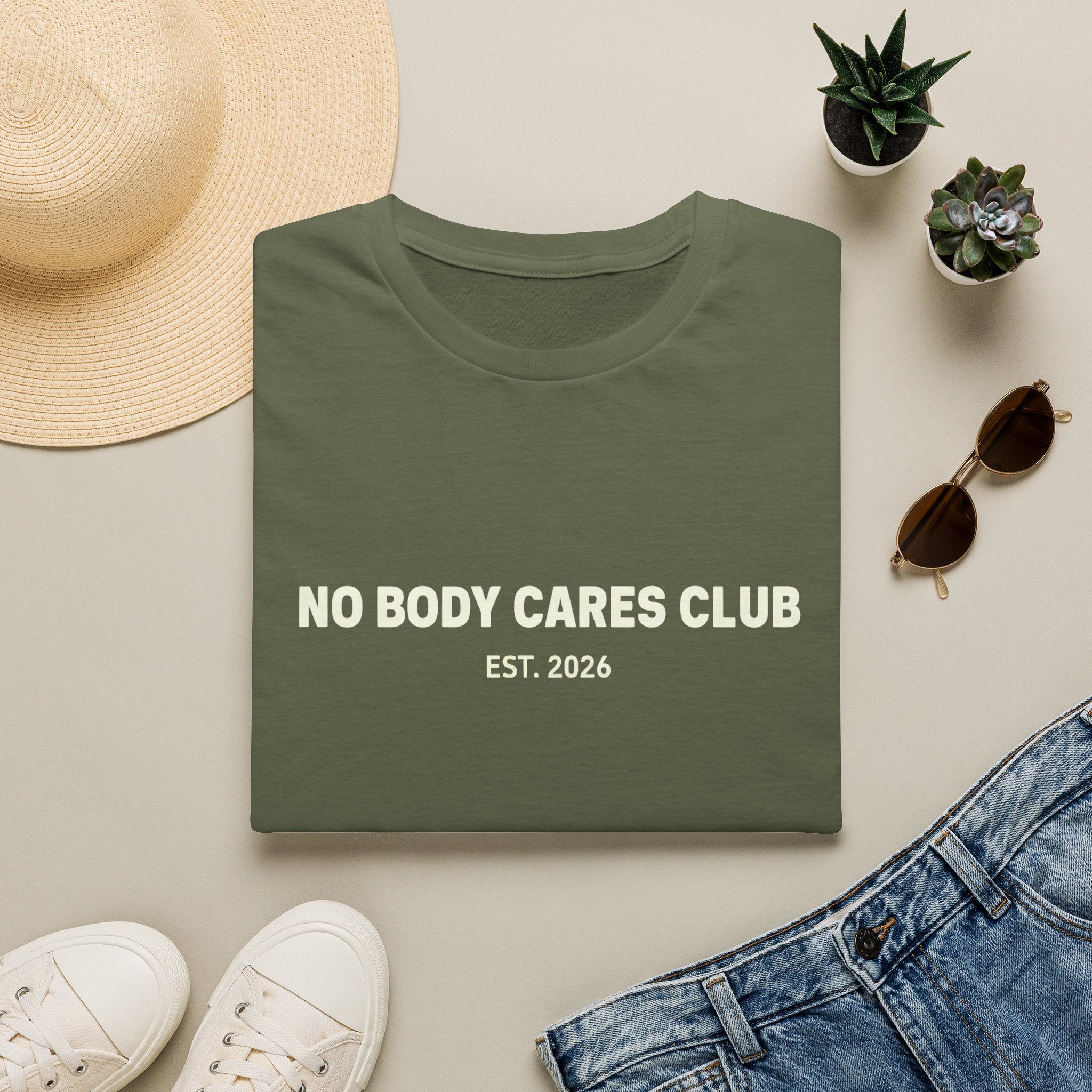 No Body Cares Club T-Shirt | Bold Text Tee, Established 2026
