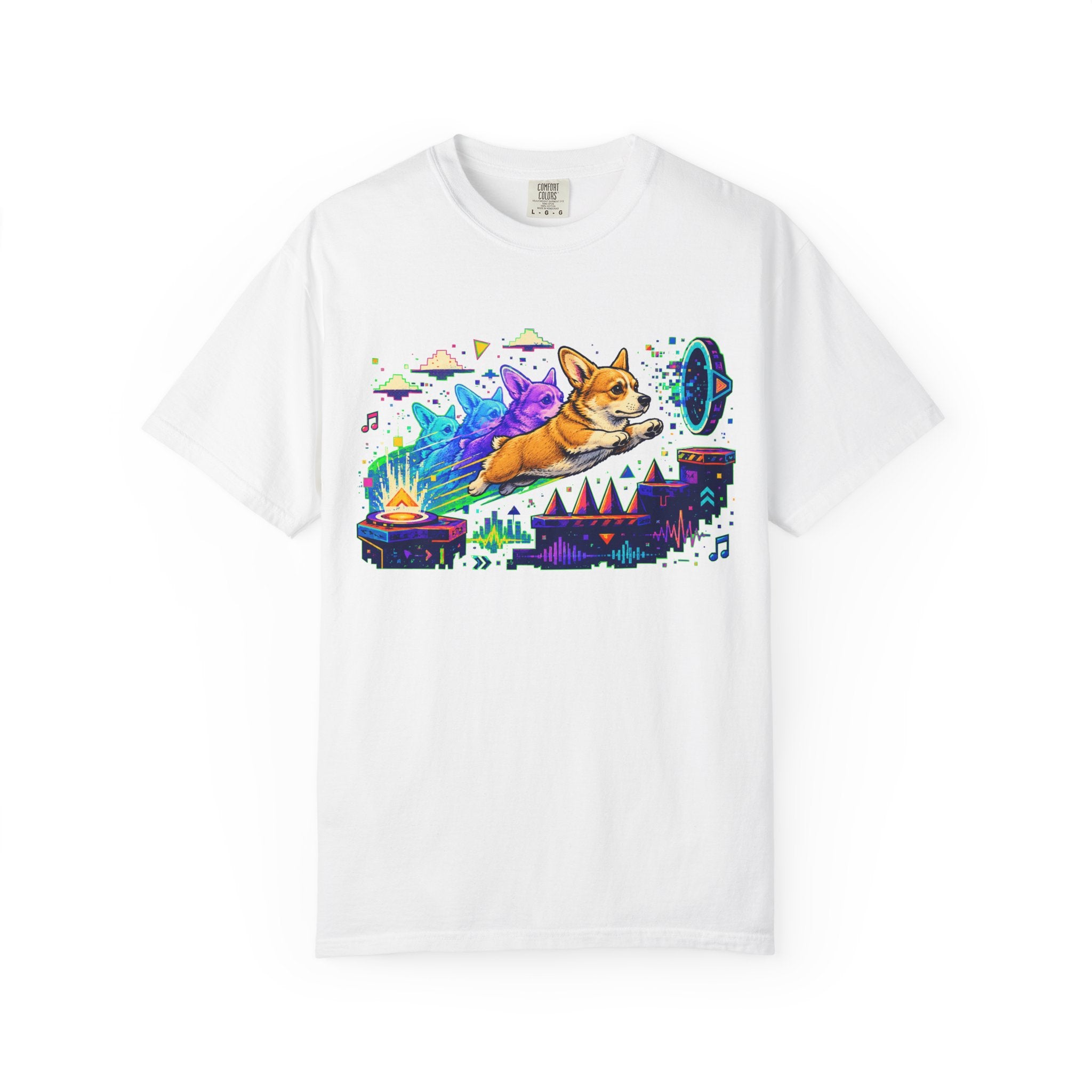 Corgi Galaxy Surf T-Shirt — Colorful Space Adventure Tee