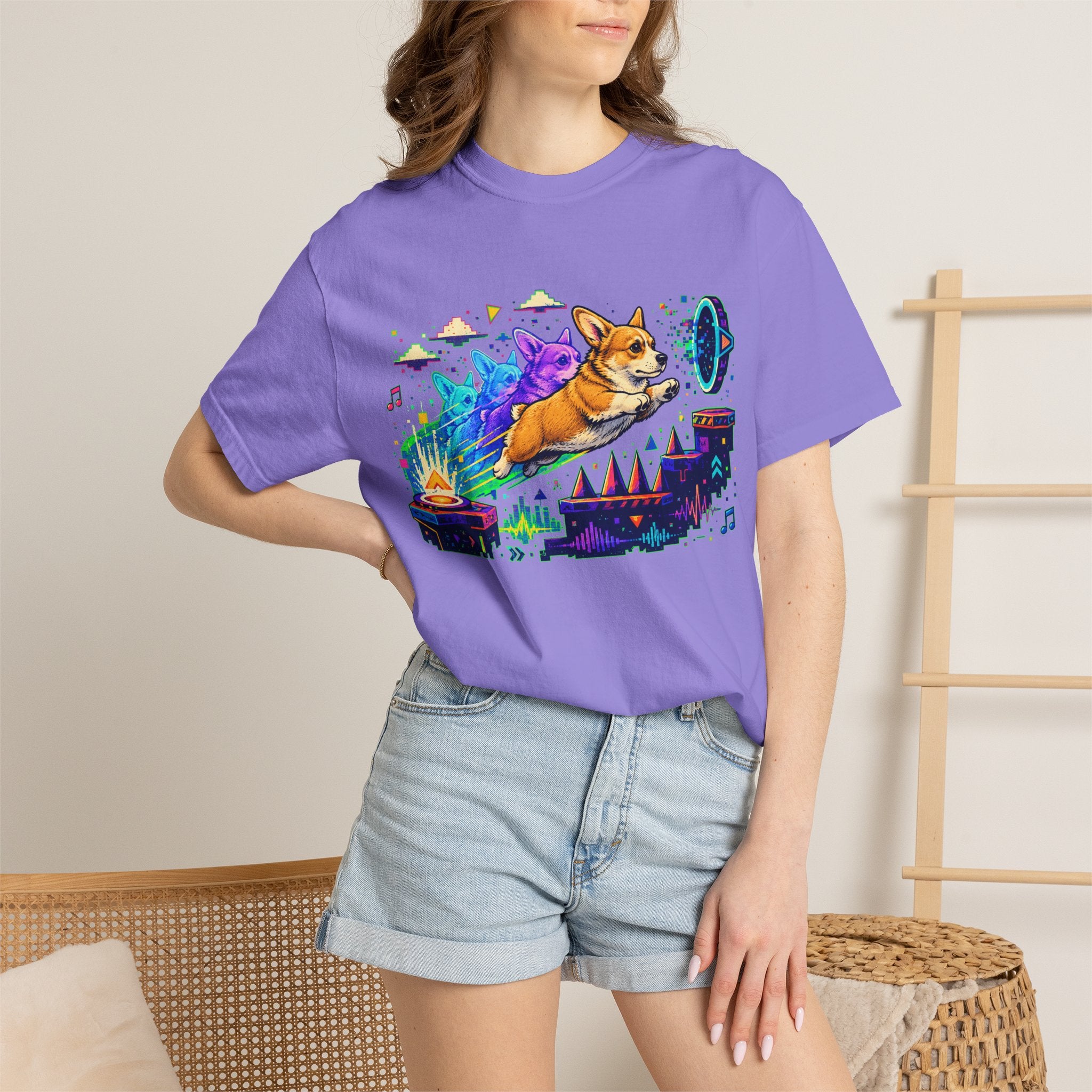 Corgi Galaxy Surf T-Shirt — Colorful Space Adventure Tee