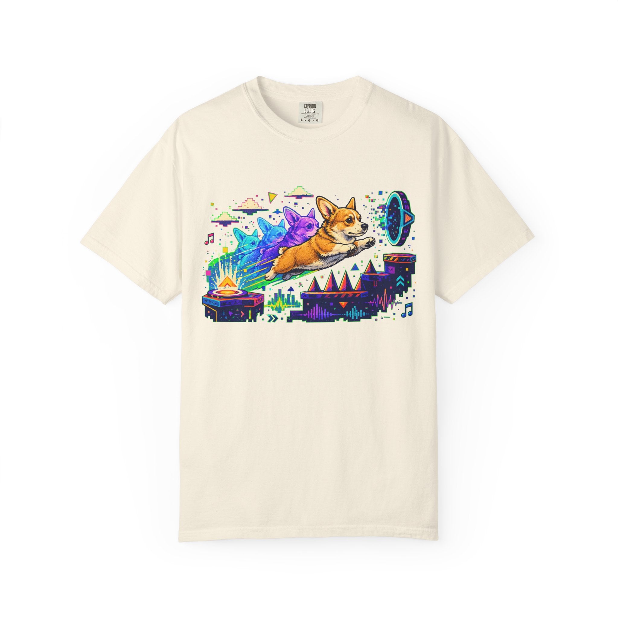 Corgi Galaxy Surf T-Shirt — Colorful Space Adventure Tee