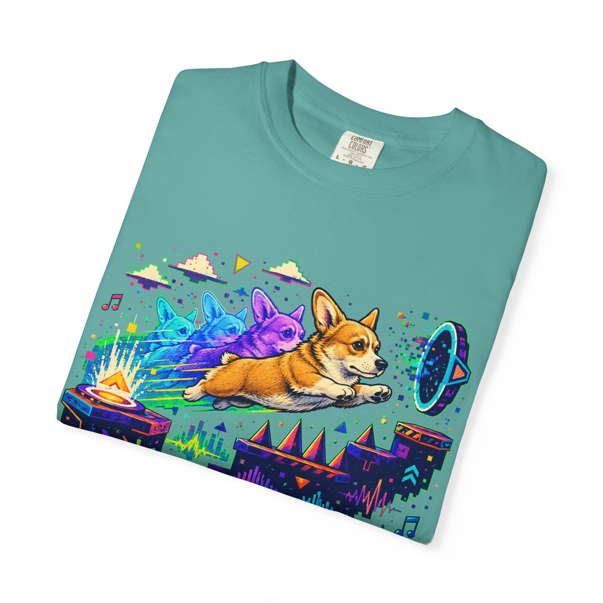 Corgi Galaxy Surf T-Shirt — Colorful Space Adventure Tee