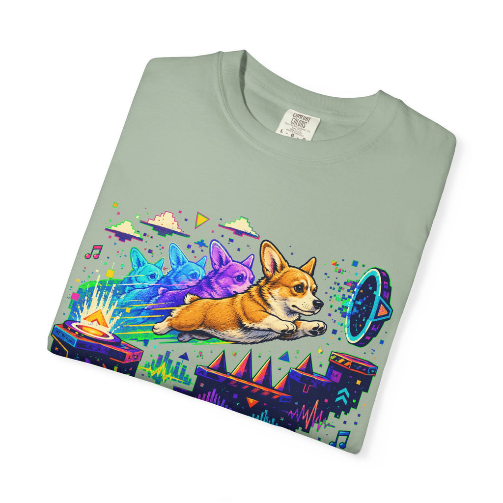 Corgi Galaxy Surf T-Shirt — Colorful Space Adventure Tee