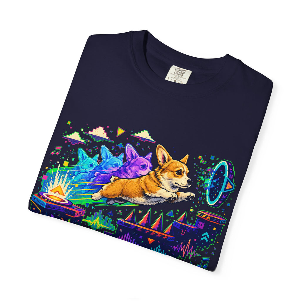 Corgi Galaxy Surf T-Shirt — Colorful Space Adventure Tee