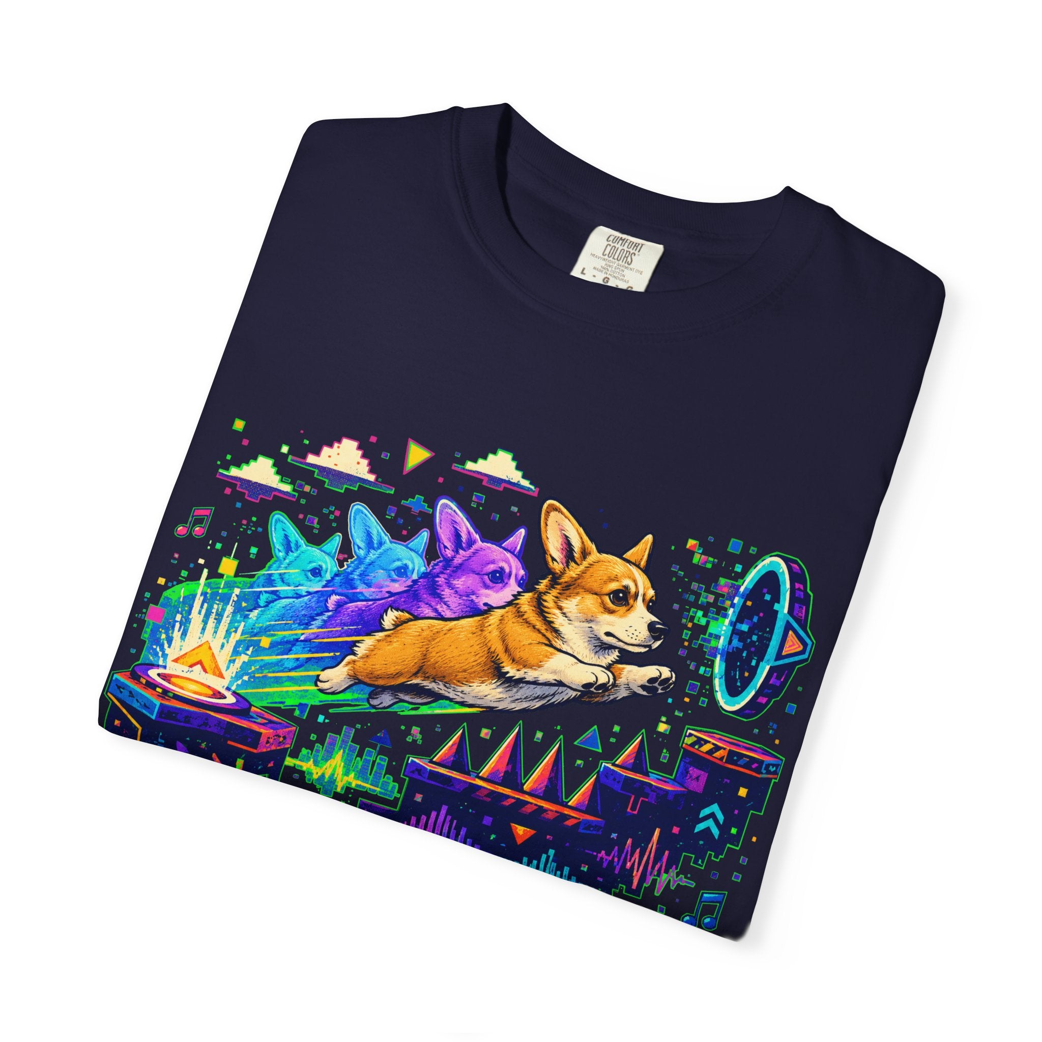 Corgi Galaxy Surf T-Shirt — Colorful Space Adventure Tee